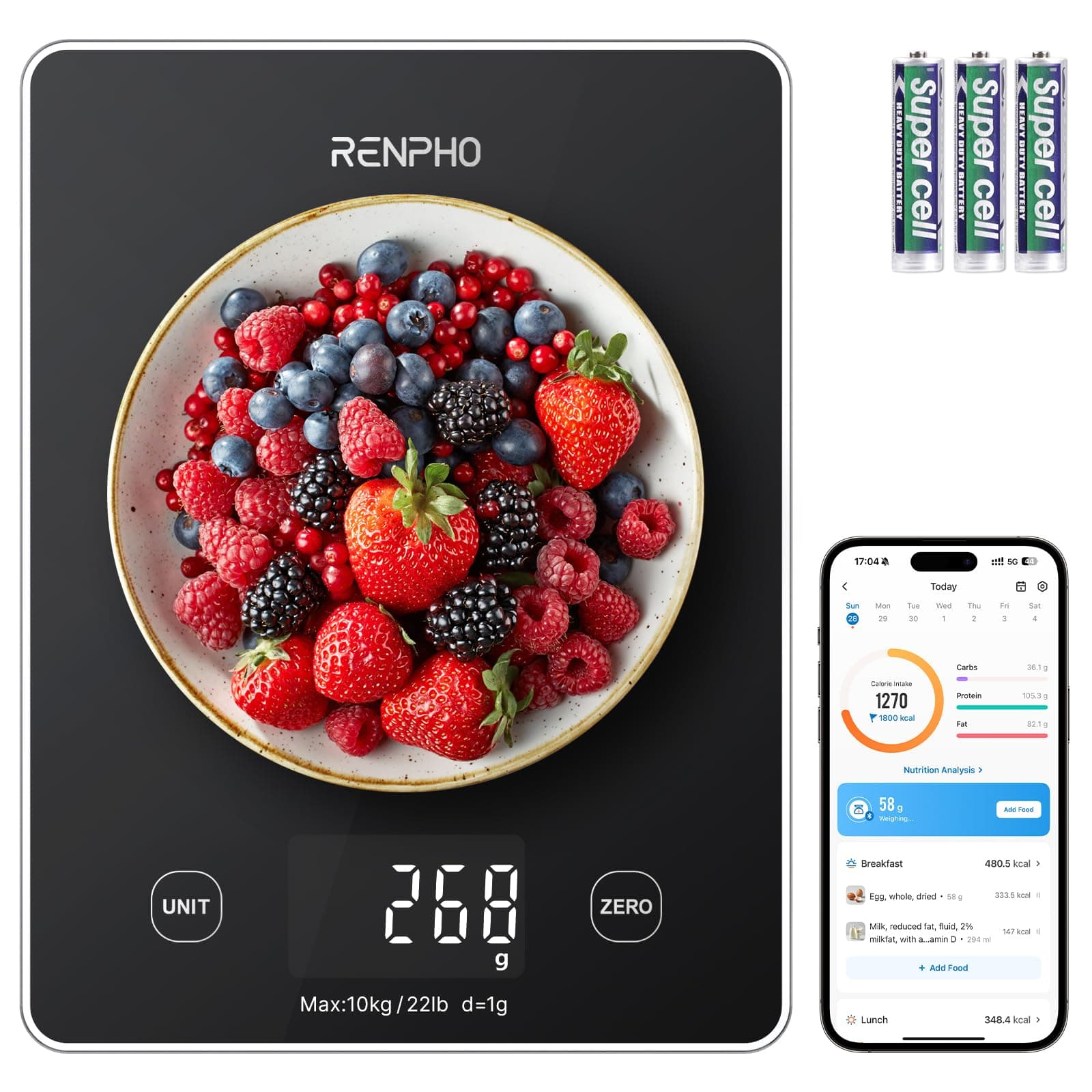 RENPHO Electronic Digital Kitchen Scales with Tare Function, Food Weighing Cooking Scale for Baking and Calorie Counting, Tempered Glass Platform with LCD Display, 5 Units Conversion, 5kg/11lb, White