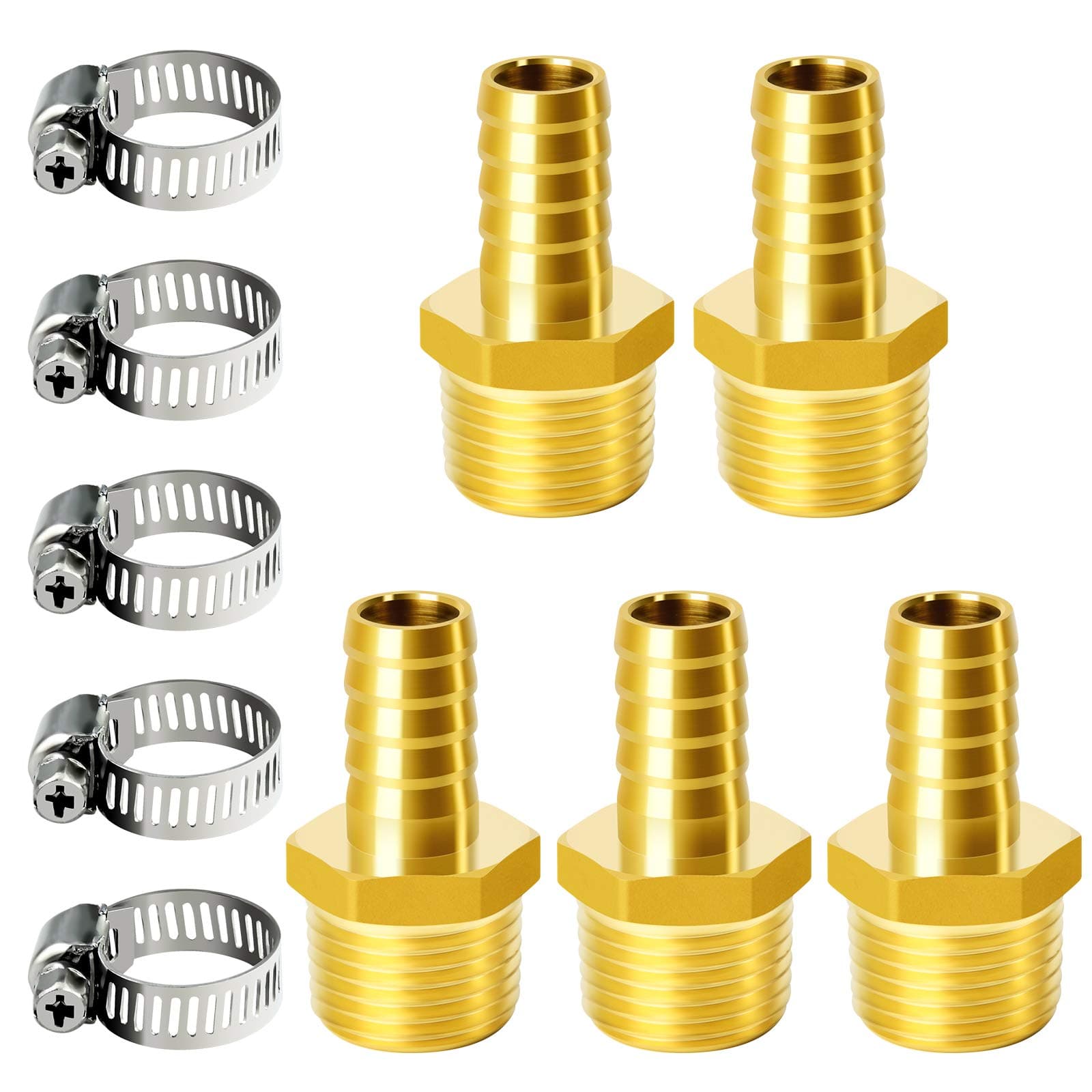 Tailonz Pneumatic Brass Hose Barb Fitting -1/2 Inch Barb to 1/2 Inch Male NPT Adapter（5Pack)