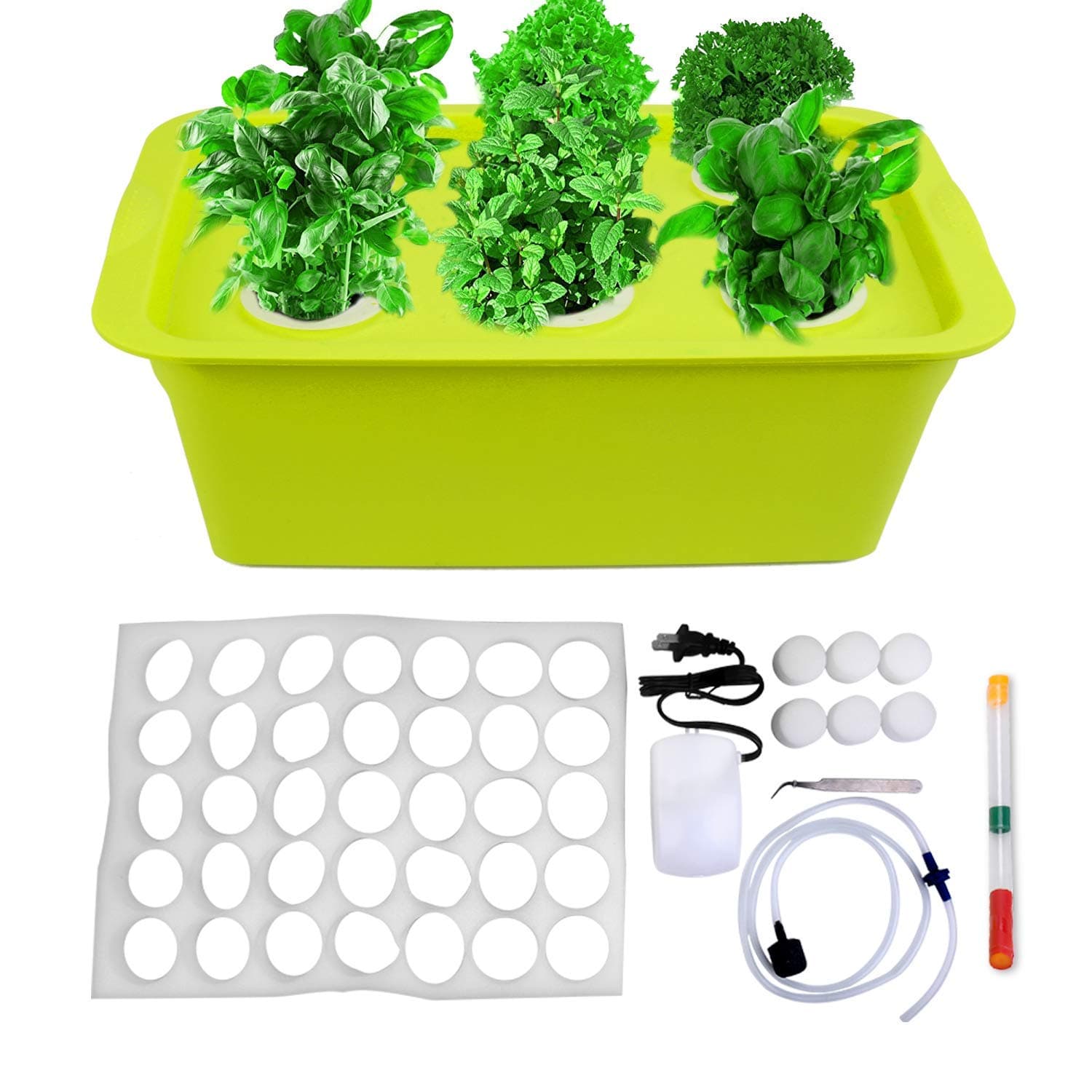 DWC Household Hydroponic System Growing Kit, Automatically Planting Box with 6 Holes Bucket Cover, Air Pump, Foam, Buoy, No Soil Complete Hydroponics Box