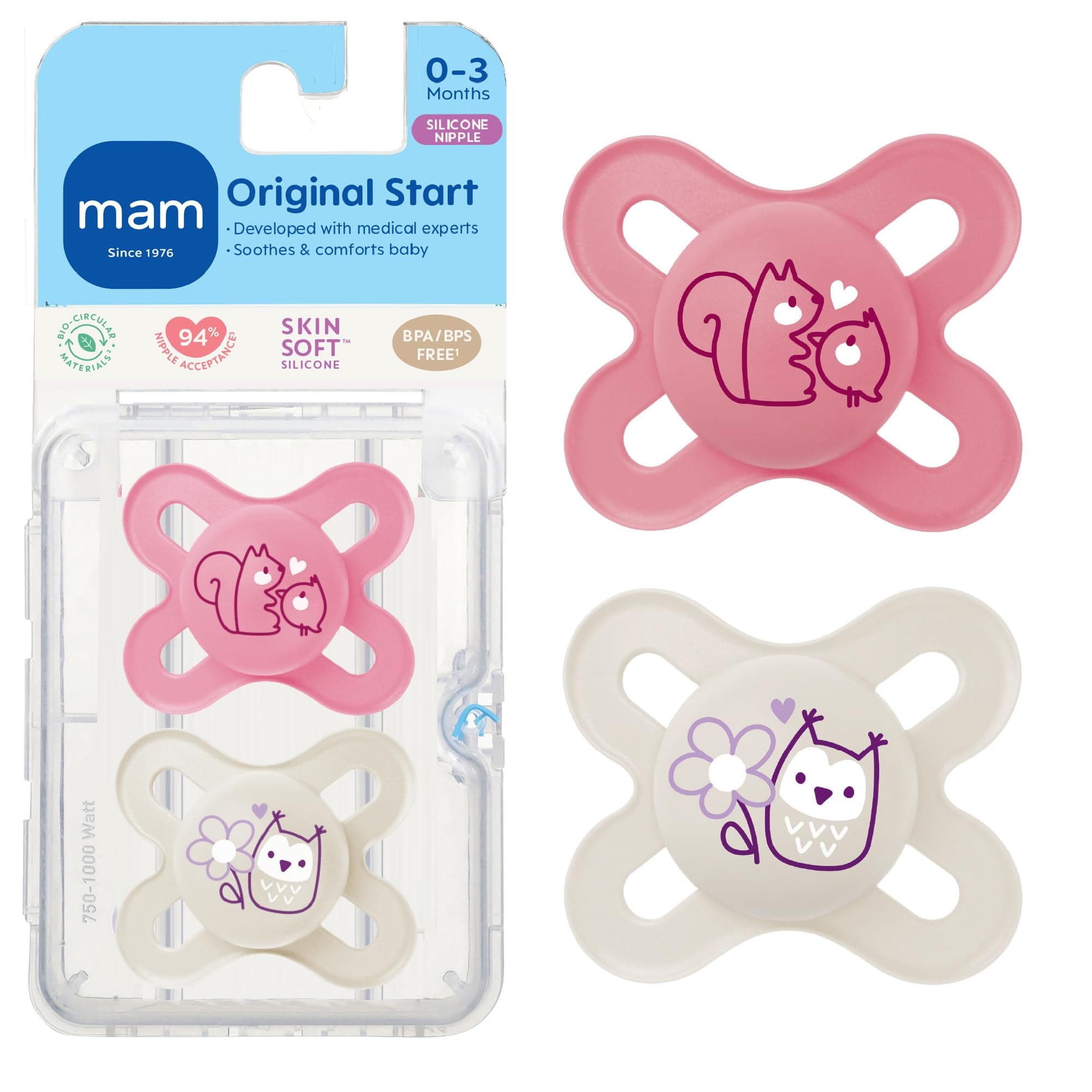 MAM Original Start Matte Baby Pacifiers 0-3 Months, BPA-Free Skin Soft Silicone Nipple, Developed with Medical Experts Specially for Smaller Newborn Mouths, Easy to Clean, 2 Pk with Sterilizer Case