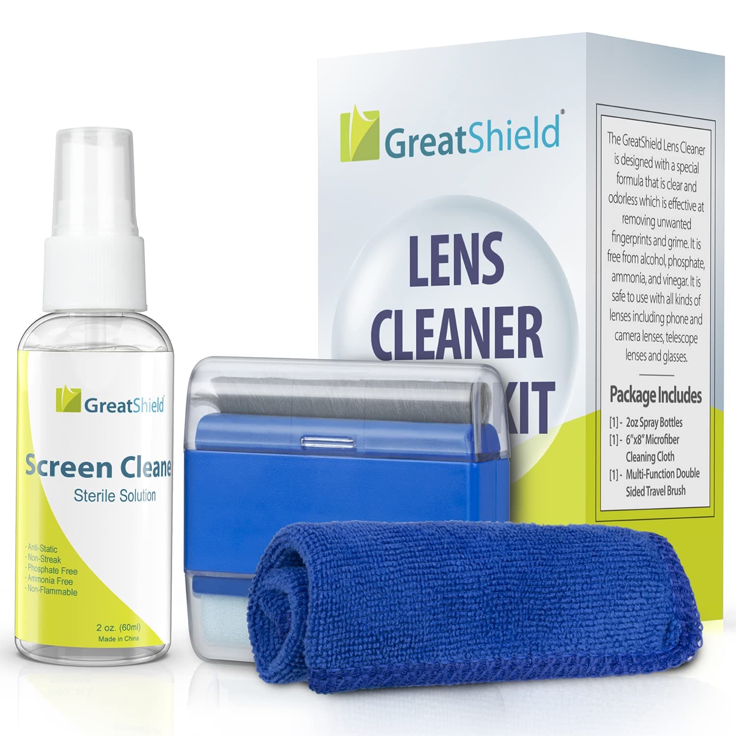 GreatShield Universal Screen Cleaning Kit, Microfiber Cloth + 2 Sided Brush + Non-Streak Solution Spray [for TV, Laptops, PC Monitors, Smartphones, Tablets, Camera, Keyboard and Other Electronics]