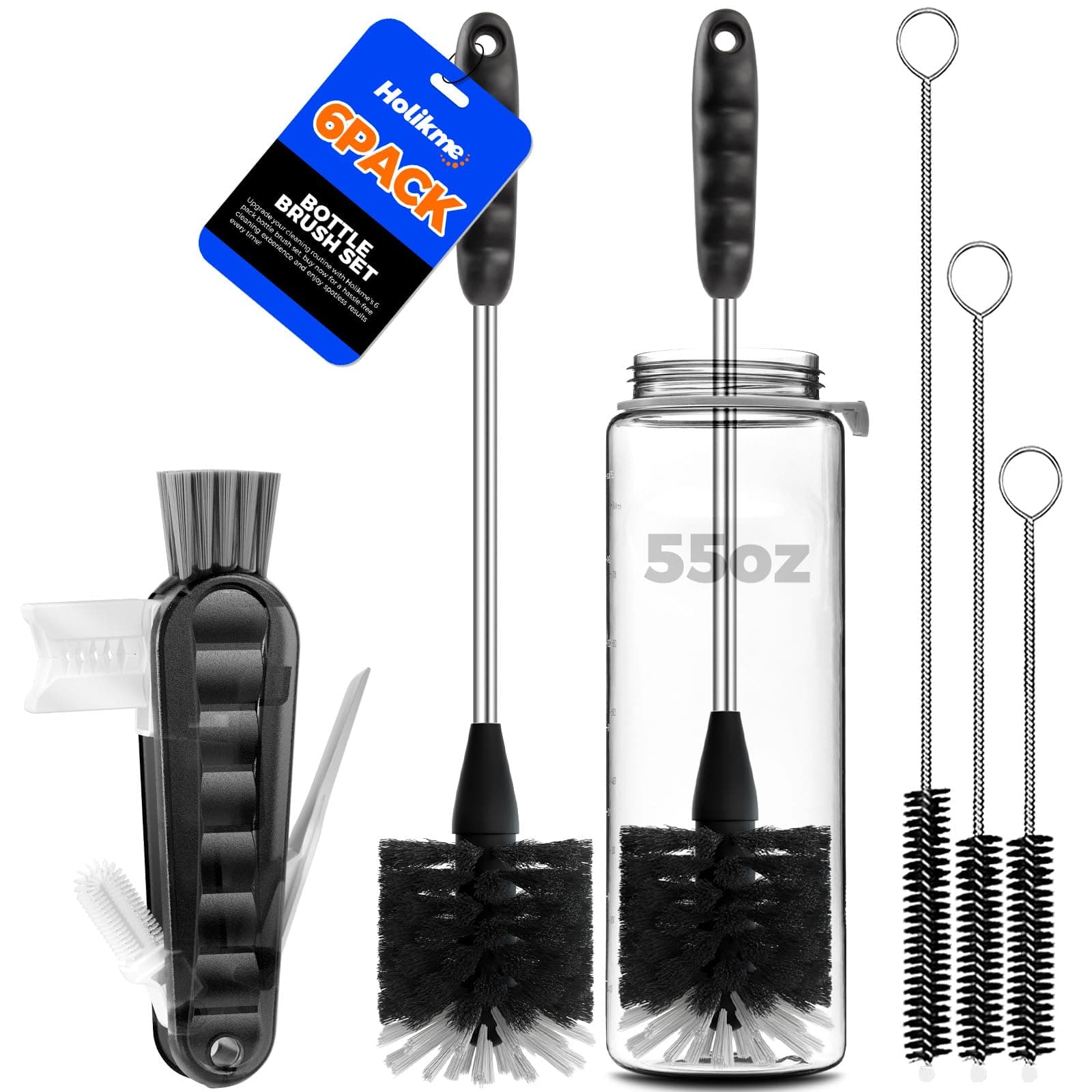 Holikme 6 Pack Bottle Brush Set, 14" Long Handle Stainless Steel Bottle Cleaner Brush, 3 Straw Brushes, 3-in-1 Bottle Cleaning Brush for Water Bottle, Antistatic Lab Brushes, Straws Black