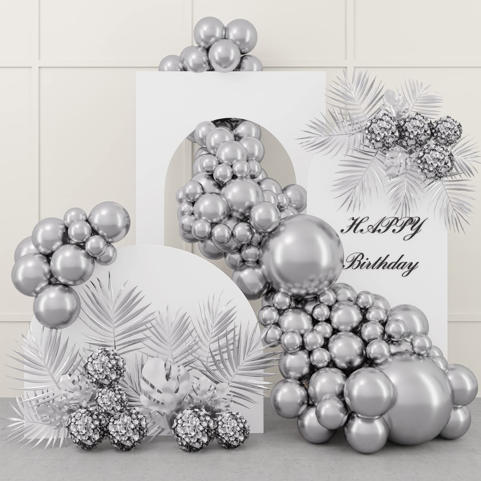 RUBFAC 87pcs Silver Balloons Latex Balloons Different Sizes 18 12 10 5 Inch Metallic Silver Chrome Party Balloon Kit for Birthday Party Graduation Baby Shower Wedding Holiday Balloon Decoration