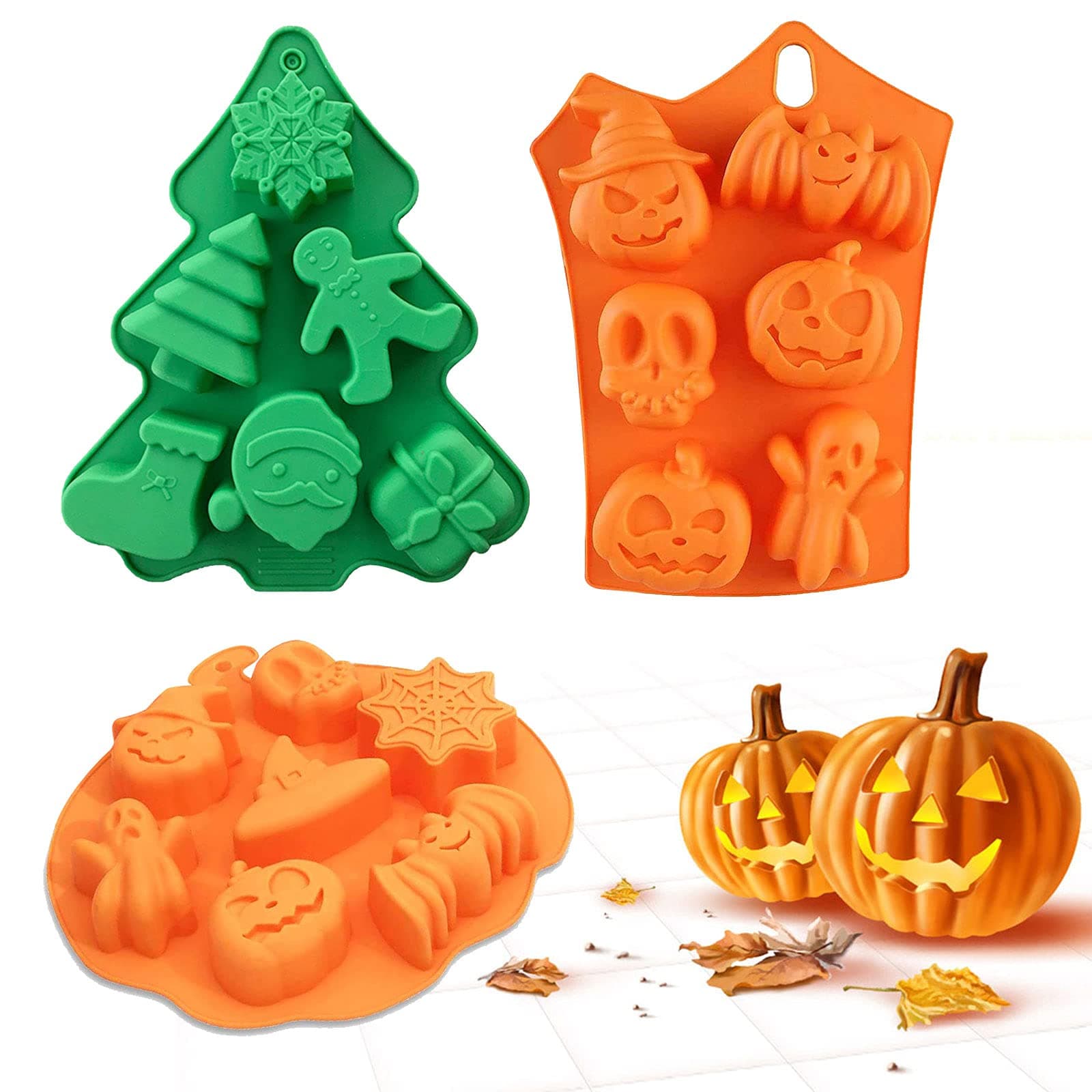 2 Pack Halloween Silicone Baking Molds,Nonstick Silicone Cake Molds,Nonstick Cake Pan Muffin Mold with Pumpkin Chocolate Cupcakes Bat Skull Ghost Shape for Kitchen DIY Baking Tools (3pc)