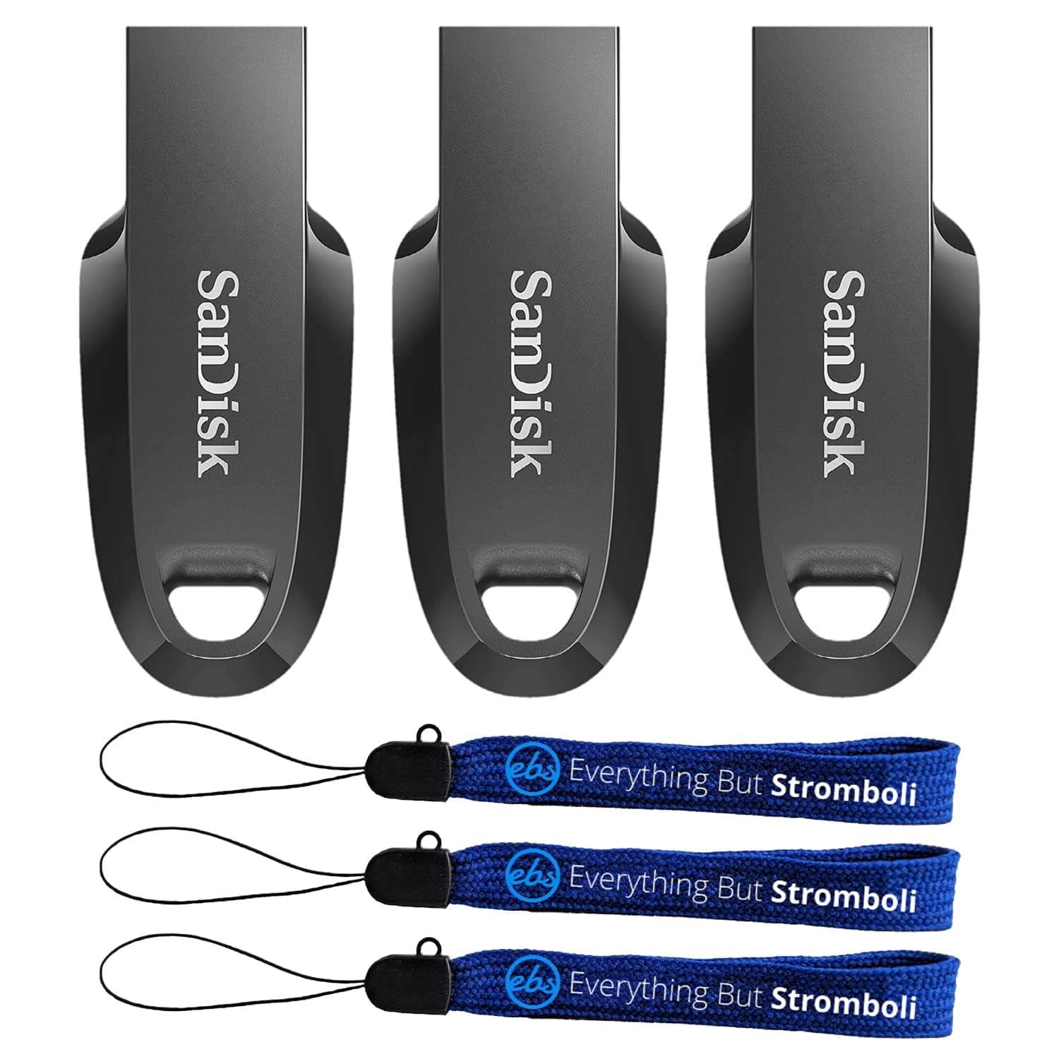 SanDisk 32GB Ultra Curve Flash Drive (3 Pack) 3.2 Gen 1 USB-A High Performance Thumb Drive for Computers, Laptops, Desktops 100MB/s SDCZ550-032G-G46 Bundle with (3) Everything But Stromboli Lanyards