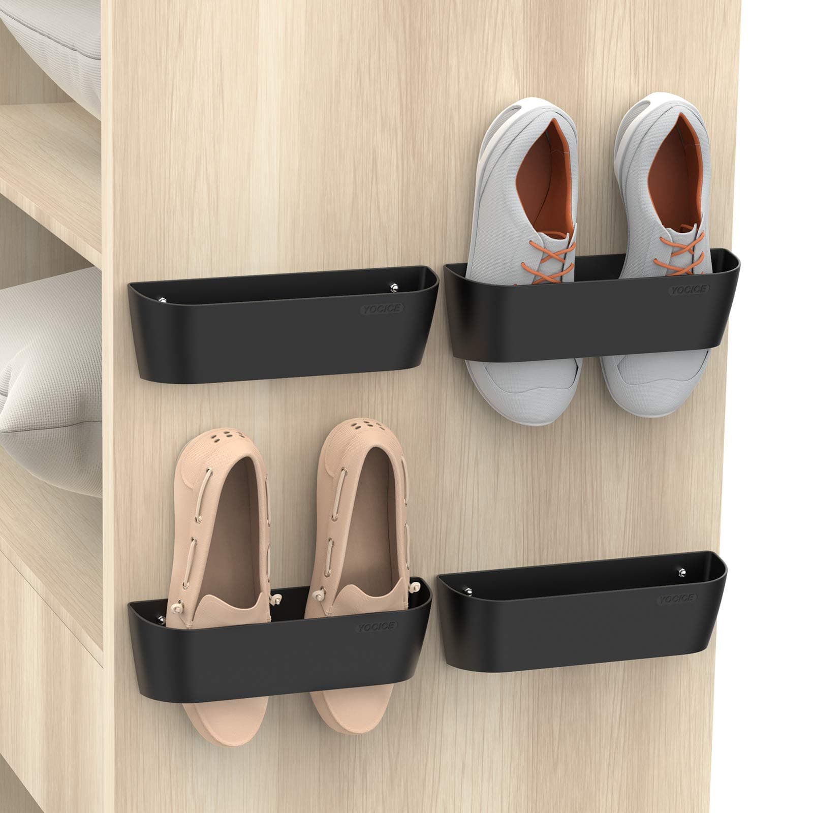 Wall Mounted Shoes Rack 4Pack with Sticky Hanging Strips, Plastic Shoes Holder Storage Organizer,Door Shoe Hangers (SM03-Black-4)