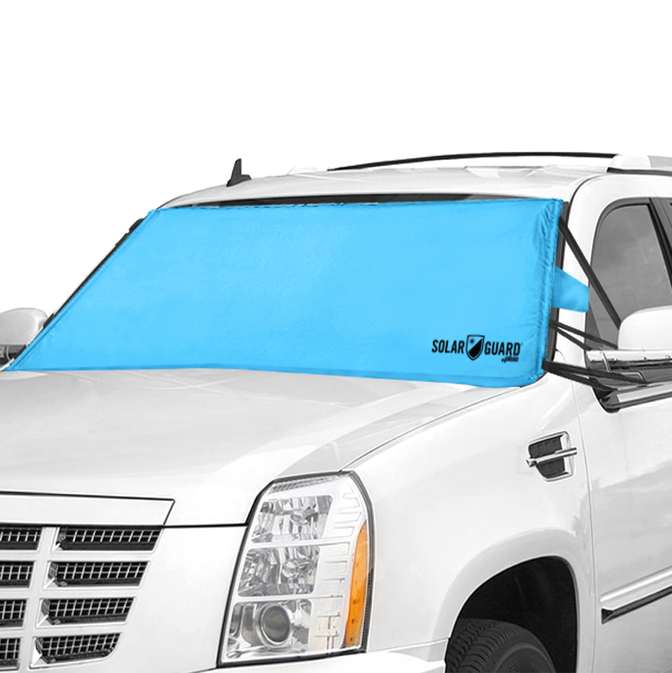 SolarGuard Plus Sunshade for Car Windshield - Reflective Car Shades for Windshield, Blocks Damaging UV Rays - for Use on Front Window Exterior, Includes Security Flaps - Pool Blue, XL Size
