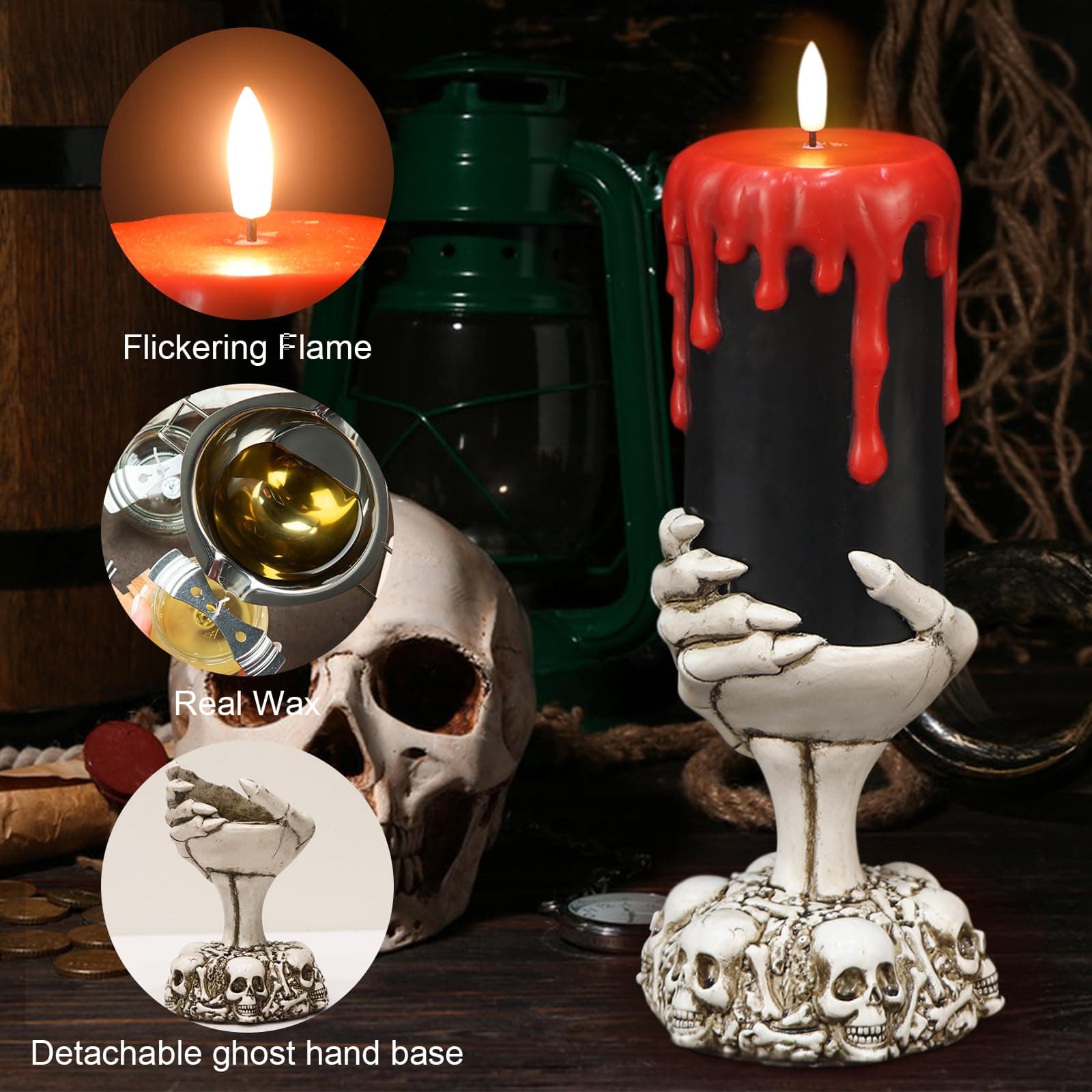 Blood Dripping Black LED Pillar Candles with 6H Timer, Battery Operated Halloween Flameless Candles with Skull Hand Candle Holder, Horror Spooky Lamp Indoor Table Centerpiece