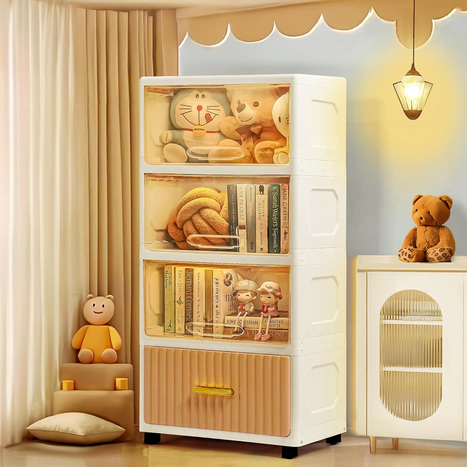 ABOUT SPACE 4 Tier Plastic Rack/Wardrobe Organizer for Clothes/Foldable Kitchen Cupboard/Stackable Rack Bookshelf/Multipurpose Drawer Organizer/Closet for Bedroom/Living Room Cupboard (Transparent)