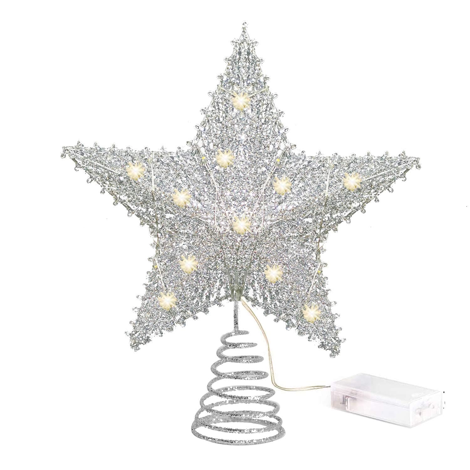 NAROCK Tree Toppers Silver Glittered Christmas Tree Topper 8 Inch Metal Star Treetop 10 LED Xmas Topper Star for Christmas Tree Decoration
