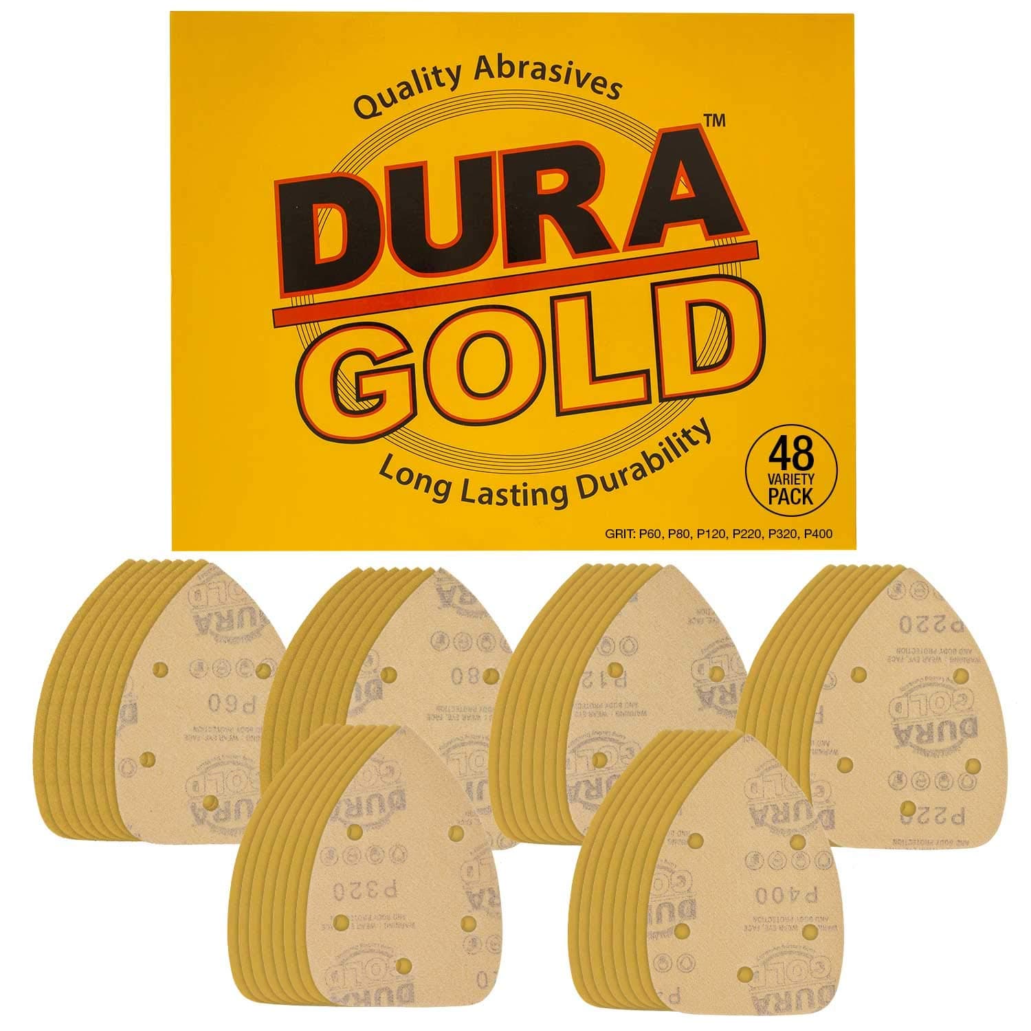 Dura-GoldPremium Hook & Loop - Variety Pack (60,80,120,220,320,400) Grit 5-Hole Hook & Loop Sanding Sheets for Mouse Sanders - Box of 48 Sandpaper Finishing Sheets for Automotive and Woodworking