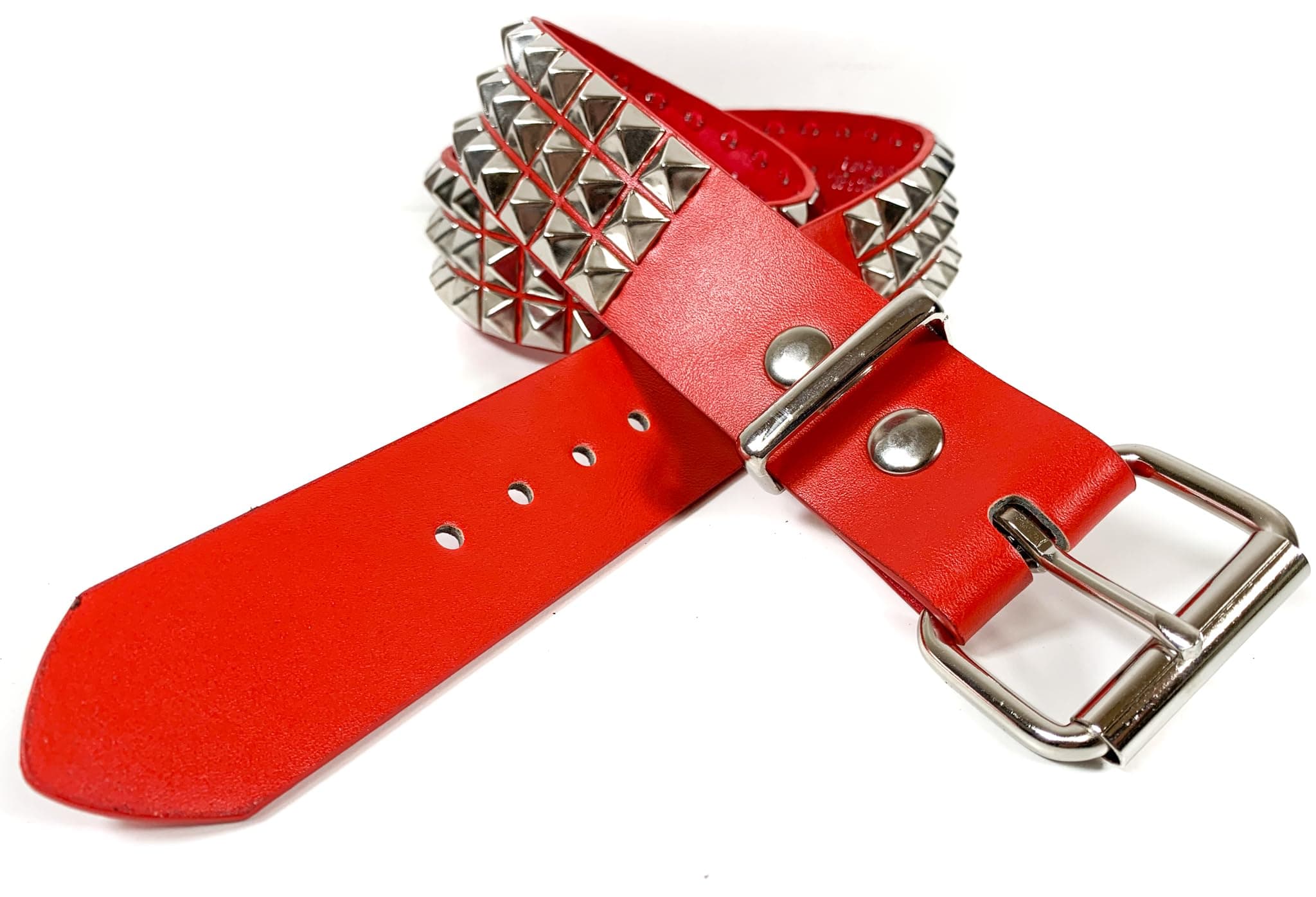 Red Three Row Pyramid Stud Belt Vegan Leather Punk Goth Alternative USA Made