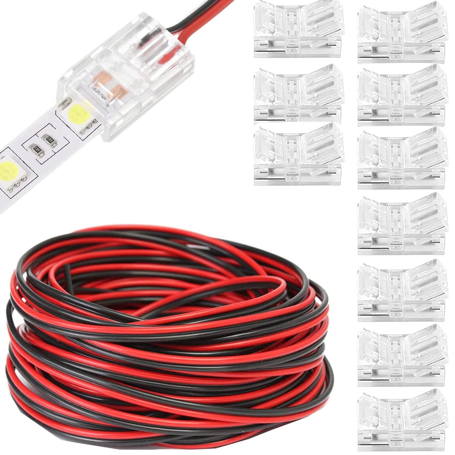 RUNCCI-YUN 20m LED Strip Extension Cable 2 Pin Cable 12V LED DC 5V - 24V 22AWG LED Power Extension Cable for SMD 3528 2835 LED Strip+10 2 Pin 8mm LED Strip Connectors