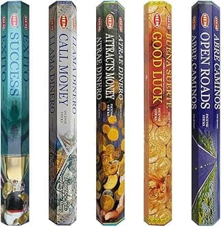 Hem Incense Sticks Variety Pack #5 and Incense Stick Holder Bundle with 5 Money and Success Themed Fragrances