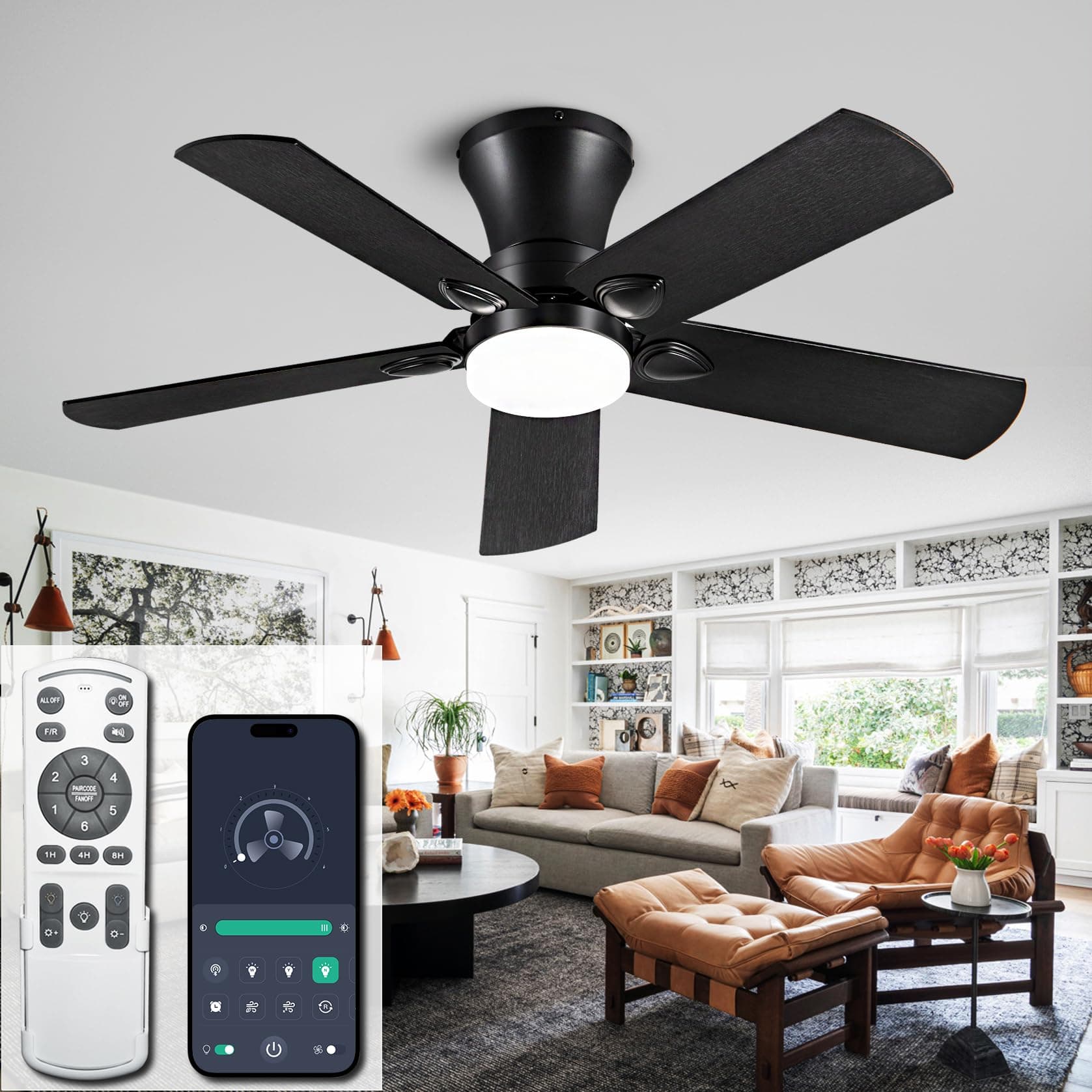 Ceiling Fans with Lights, 42 inch Low Profile Ceiling Fan with Light and Remote Control, Flush Mount, Reversible, 3CCT, Dimmable, Noiseless, Black Ceiling Fan for Bedroom, Indoor/Outdoor Use