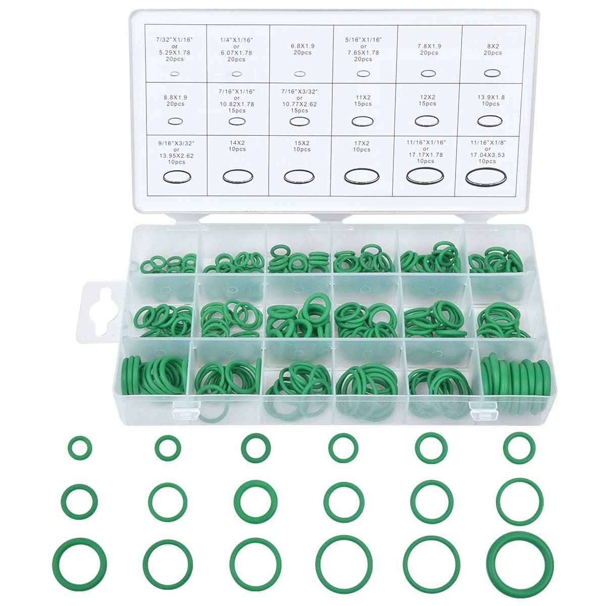 Loscrew 270Pcs O-Ring Tools Set Assortment, Car Auto Vehicle RepairCar Air Conditioning Rubber O-Ring Tools Seals Assortment Kit with Plastic Box （18 Sizes，Green）