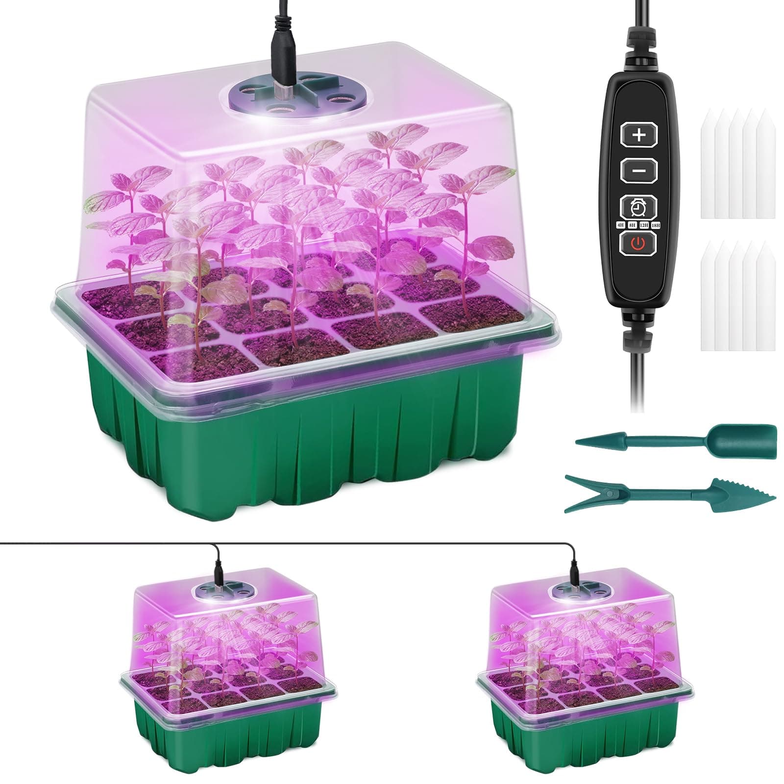 Qoolife Seed Starter Tray with Plant Light, 2 Pack Grow Lights for Seed Starting Kit with Humidity Domes, Timing Controller Adjustable Brightness for Greenhouse Propagator Station Planting Growing