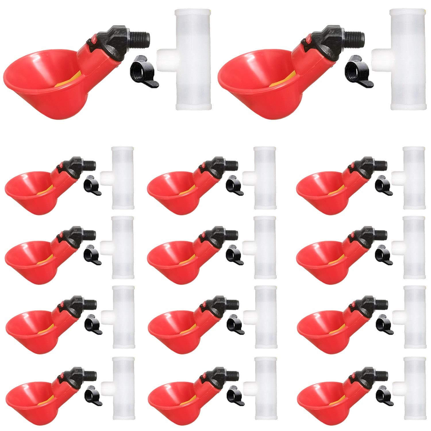 42 Pieces Automatic Poultry Waterer Accessories Including 14xRed Chicken Drinker Cups, 14xInstall Screws, 14xTee Fittings for Threaded Poultry Nipples (1/2 inch Slip X 1/2 inch Slip X 1/8 inch FPT)