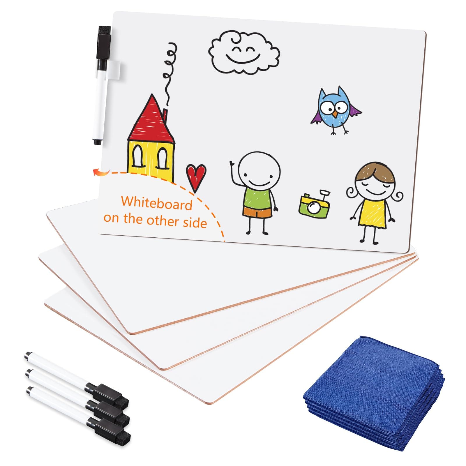 MAKELLO Small White Board A4 Dry Erase Board for Kid, 4 Pack Mini Whiteboard Set with 4 Pens, Double Sided Plain