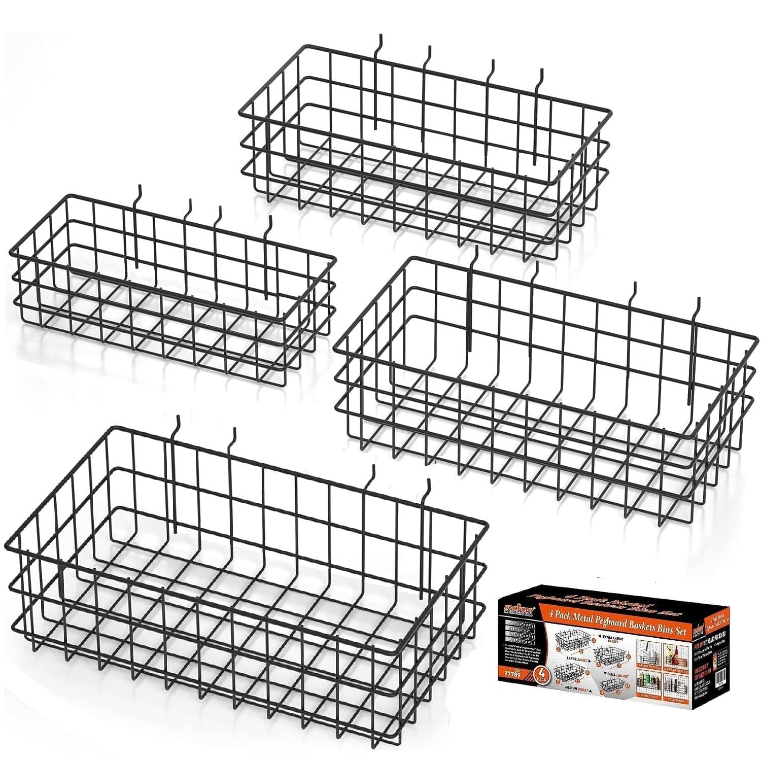 HORUSDY Peg Board Bins and Baskets | 4 Pack | Square Style 4 Size Pegboard Baskets and Pegboard Bins for Organize Workbenches, Accessories
