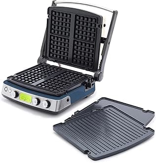 GreenPan Elite 7-in-1 Multi-Function Contact Grill & Griddle, Healthy Ceramic Nonstick Aluminum, Grill & Waffle Plates, Adjustable Shade & Shear, Closed Press/Open Flat Surface, PFAS-Free, Oxford Blue