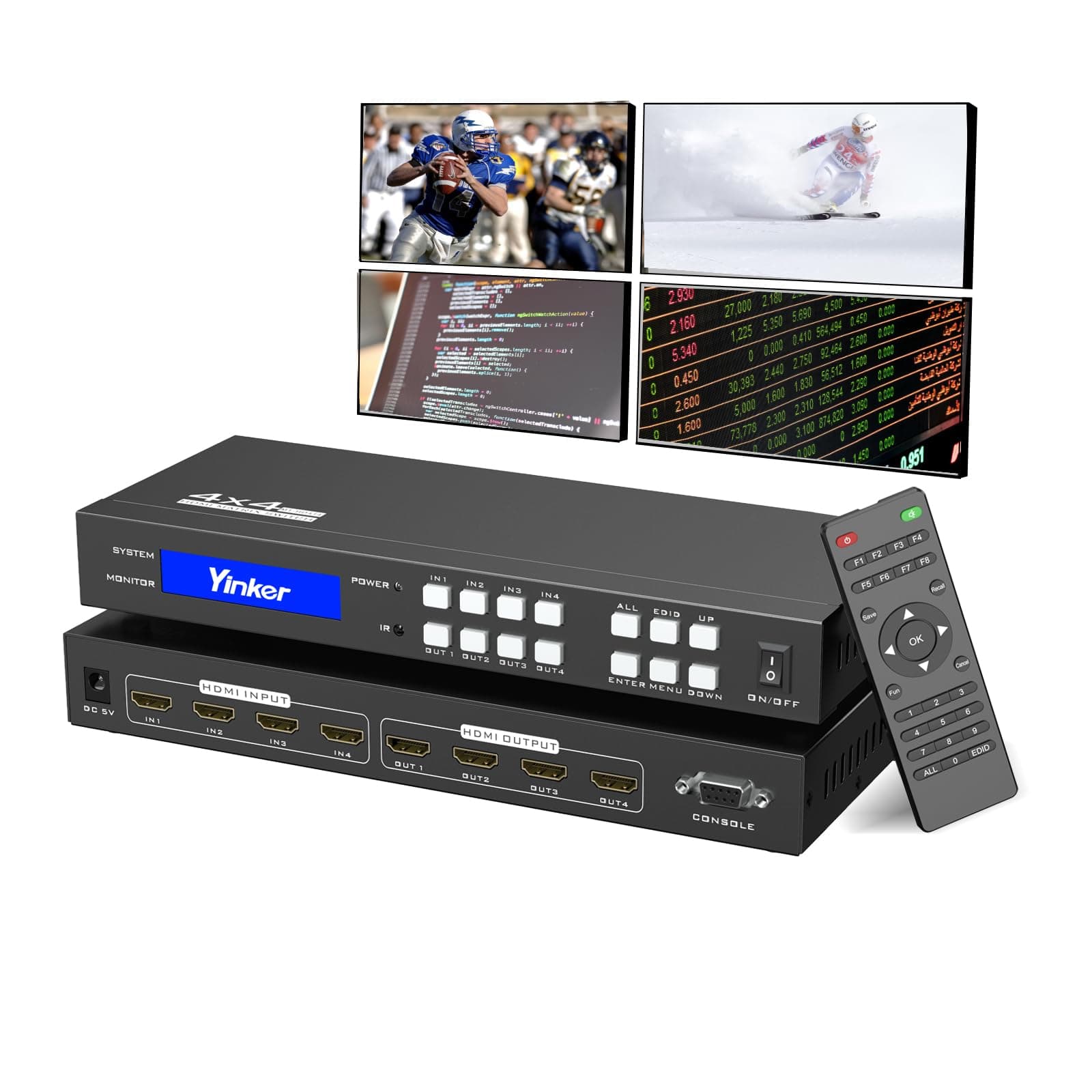 4K HDMI Matrix Switch 4x4, 4K@30Hz HDMI Matrix Switcher Splitter 4 in 4 Out with Backlit Button, Support HDCP EDID Management RS232 Control Downscale 4K & 1080P Together