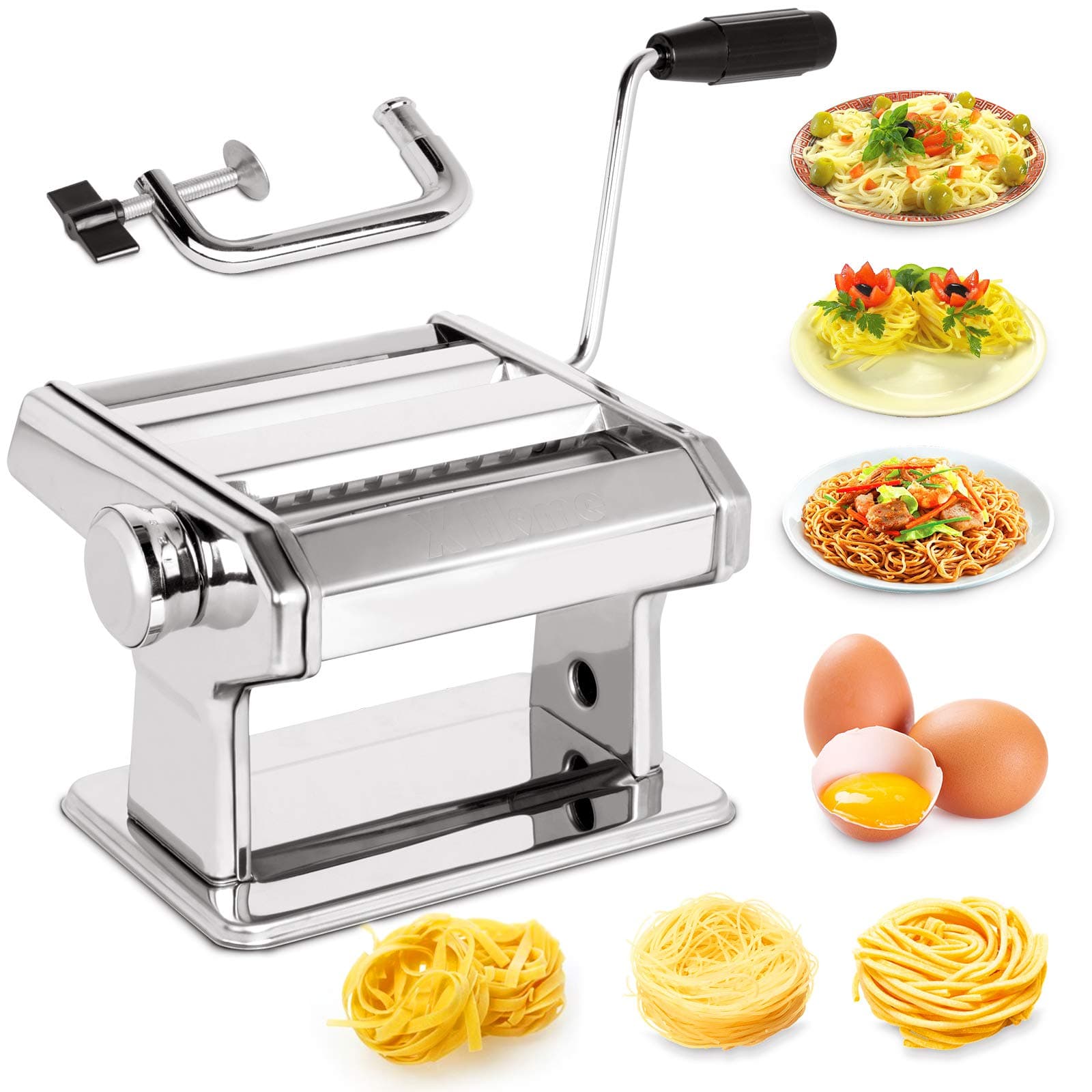 X Home Stainless Steel Pasta Maker Machine, 7 Adjustable Thickness Settings Noodles Maker with Washable Aluminum Alloy Rollers and Cutter, Perfect for Spaghetti, Fettuccini, Lasagna or Dumpling Skins