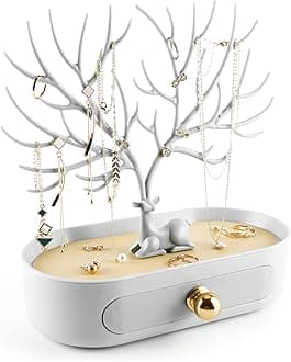 Antlers Jewelry Display Stand with Aluminium alloy handle, Tree Tower Rack Hanging Organizer for Ring Earrings Necklace Bracelet, Deer Horn Tree Stand with Storage Drawer and Tray