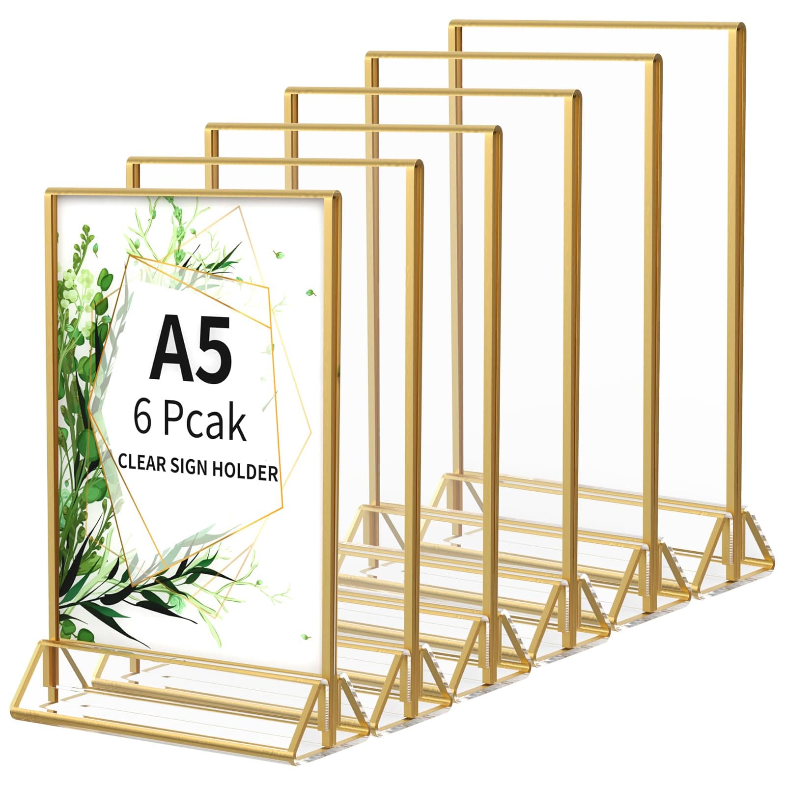 AITEE A5 Gold Sign Holder: 6 Pack Acrylic Clear Menu Table Holders Upright Double Sided Leaflet Display Stand for Wedding Table Numbers, Banquet, Restaurant Signs Display, Photo Frame