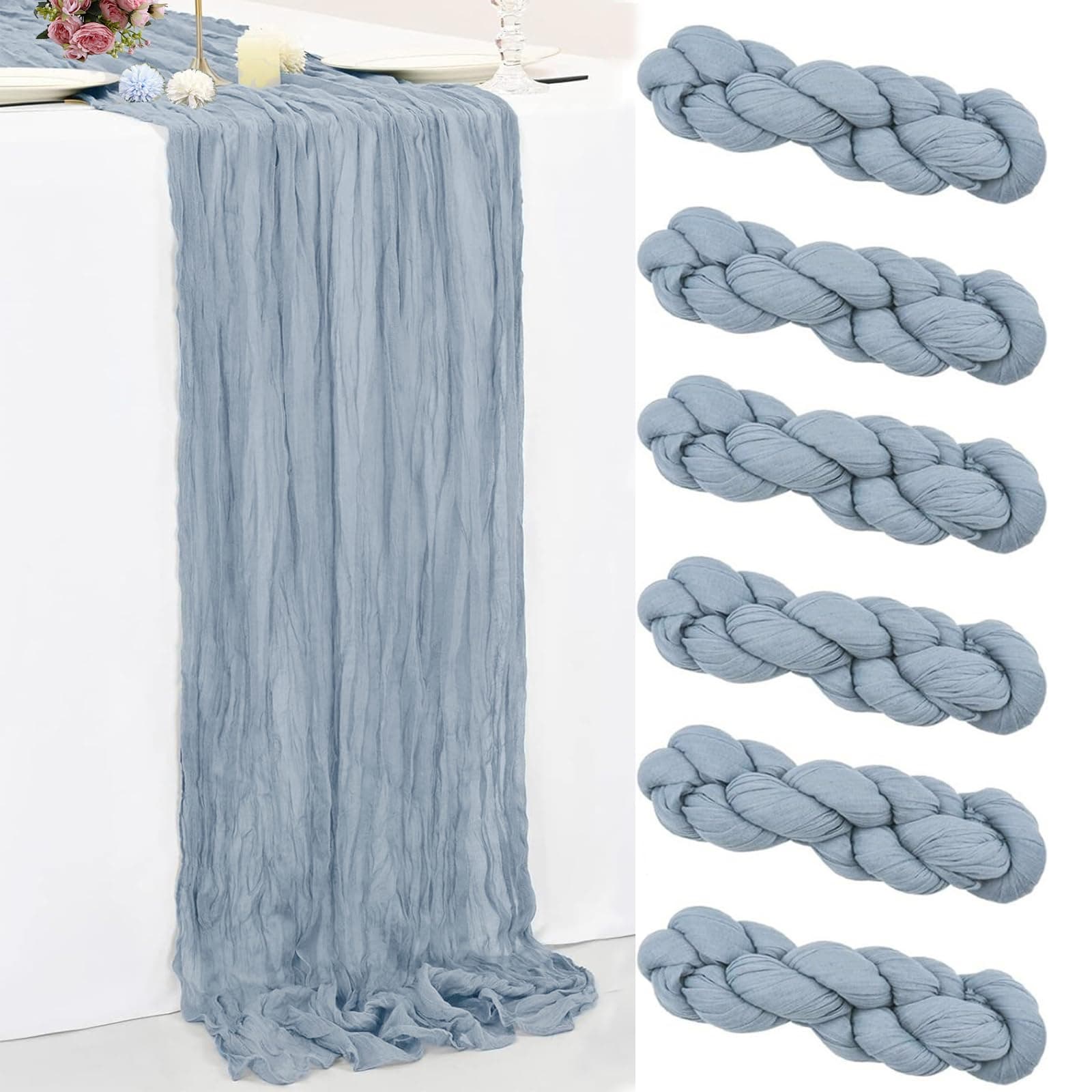 6Pack Dusty Blue Cheesecloth Table Runner 10Ft 35x120 Inch Boho Gauze Table Runner Rustic Cheese Cloth Long Table Runner for Wedding Baby Bridal Shower Birthday Party Decorations