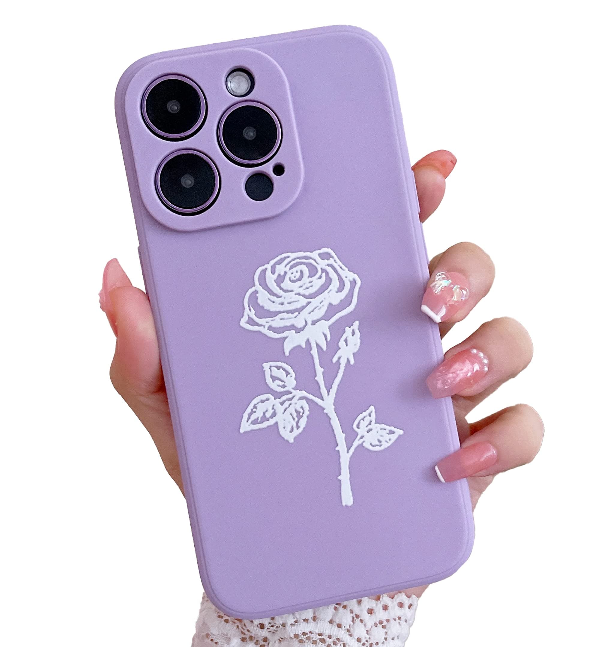 YIKUSO Compatible with iPhone 14 Pro Case Silicone Gel Rubber Phone Cases, Cover 6.1 Inch Full Body Soft Protective Rose Flower Case Cute for Women(Purple)