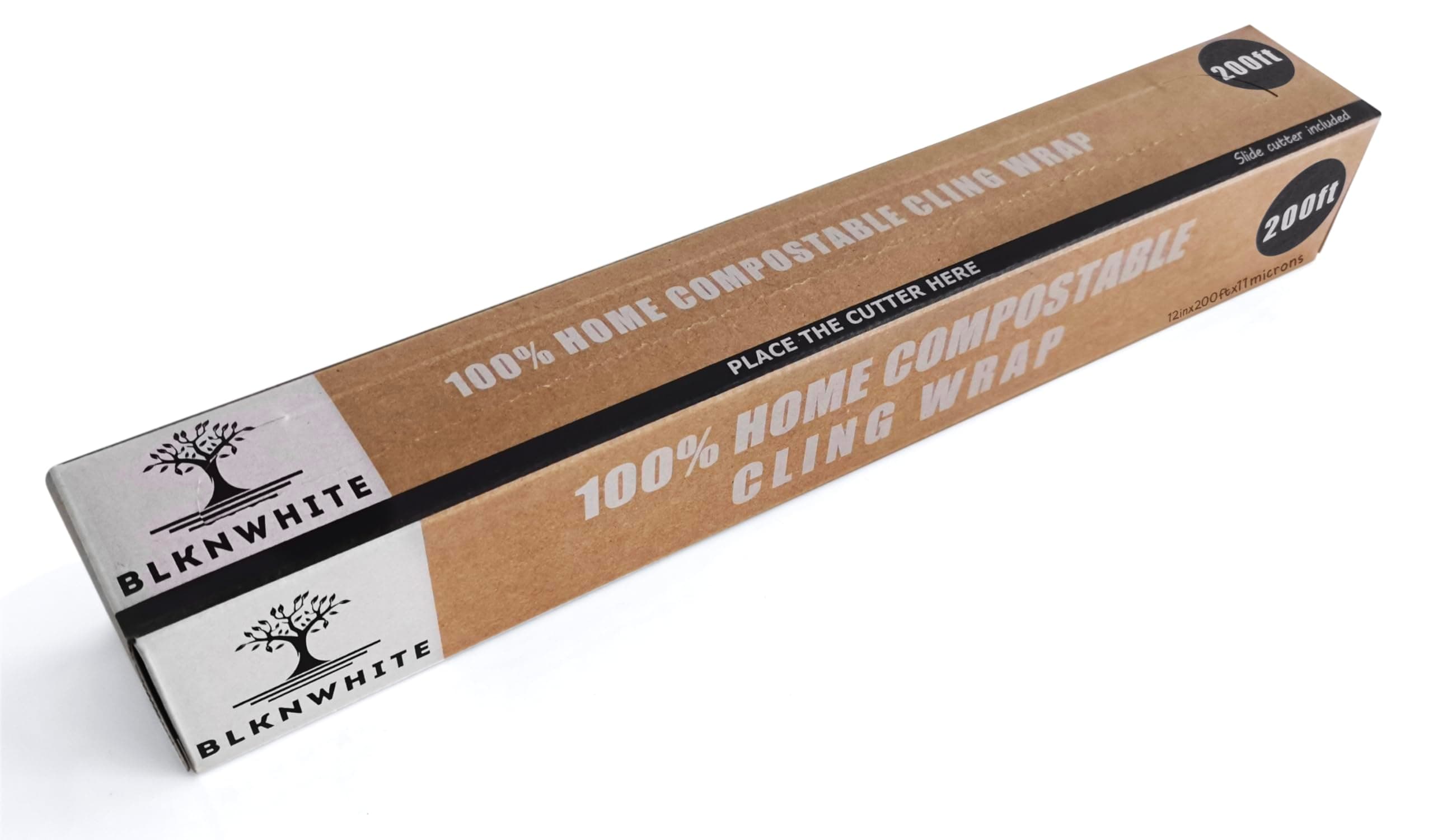 BlknWhite Certified Compostable Cling Wrap with Slide Cutter - 12" Wide x 200 feet. ASTM 6400 Certified Cling Wrap. Great Alternative to Beeswax Wraps or Plastic Wrap.