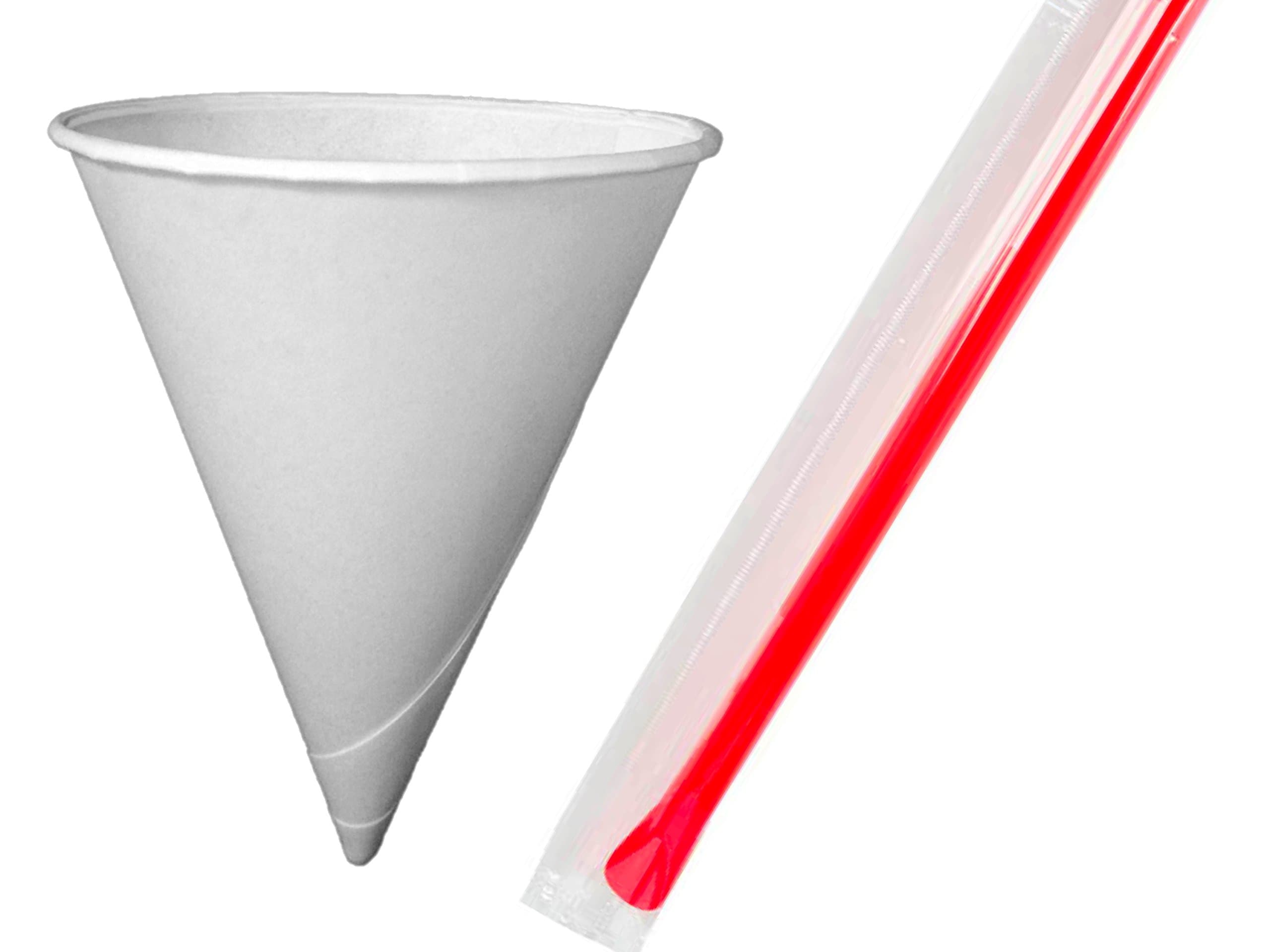 Dot Red - 50ct. 6oz Snow Cone Cups & 50 Wrapped Jumbo Spoon Straw Set, Recyclable Paper Cup - 50 Pack