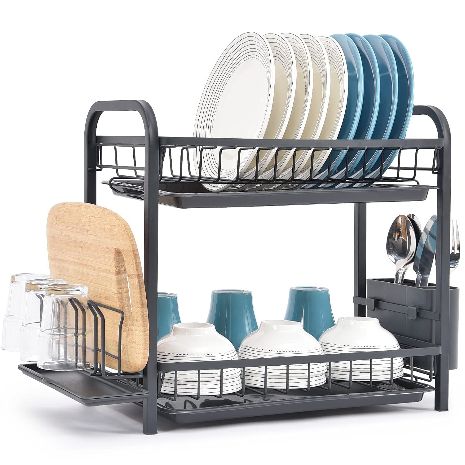 KINGRACK Dish Drying Rack 2 tier with Drip Trays,Cutlery /Cup Holder, Cutting Board Holder & Mini Draining Board,Large Dish Drainer Rack for Kitchen Countertop or Sink