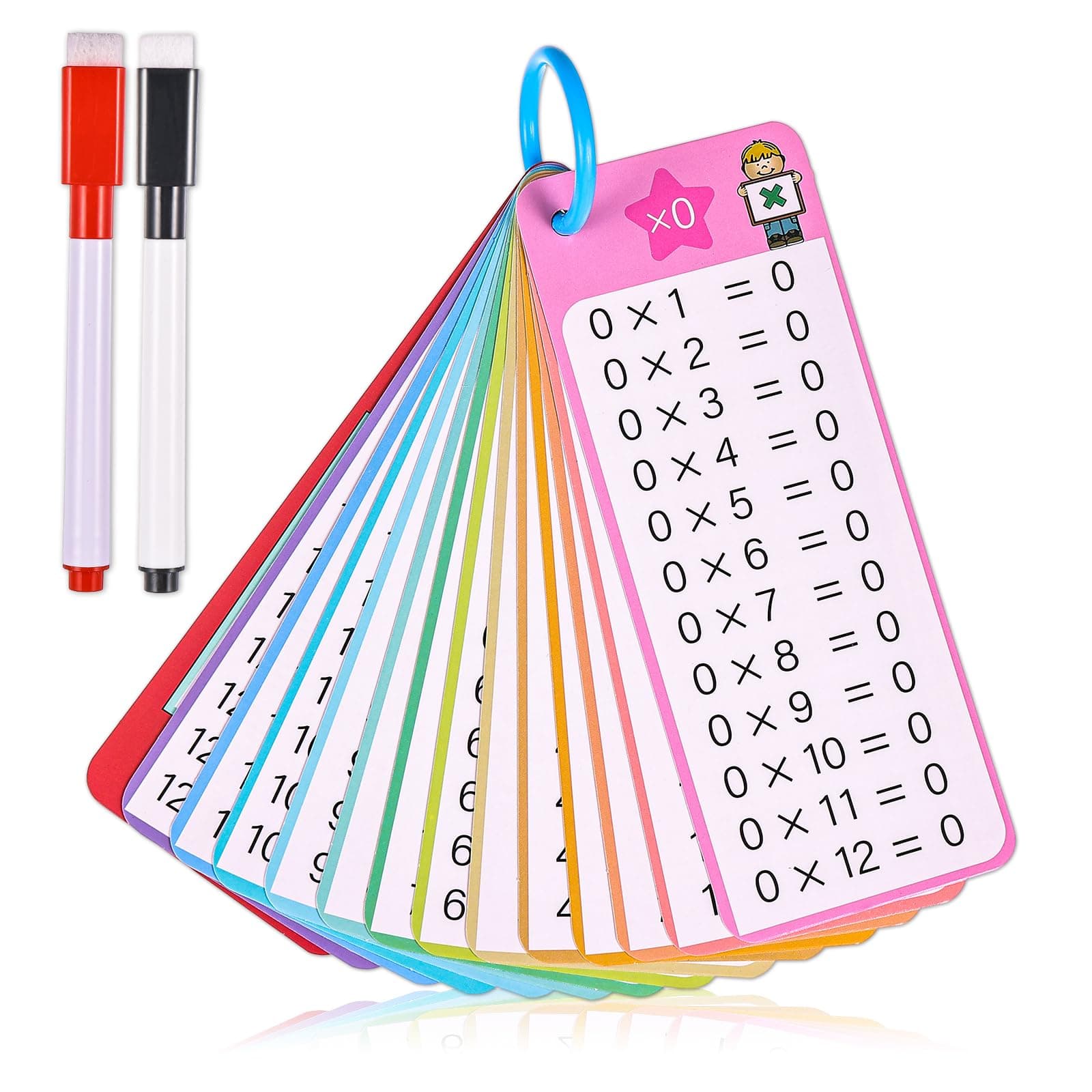 Times Table Flash Cards 0-12 Multiplication Chart with 2 Dry Erase Markers for 1st to 3rd Grade Math Game