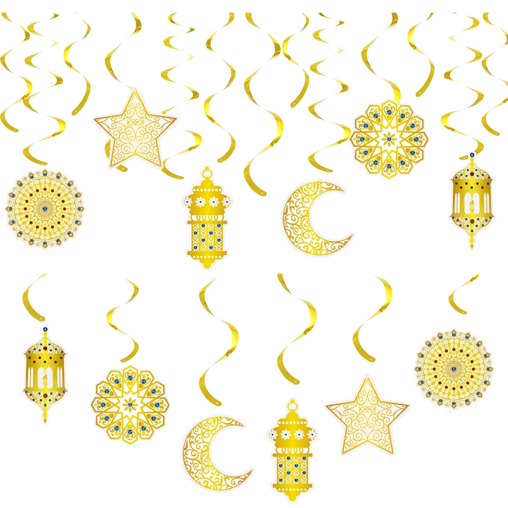 XULIN 12Pcs Eid Decorations, Eid Mubarak Banner, Swirl Star Moon Castle Crescent Streamer - Ceiling Decorations for Islam Muslim Holiday