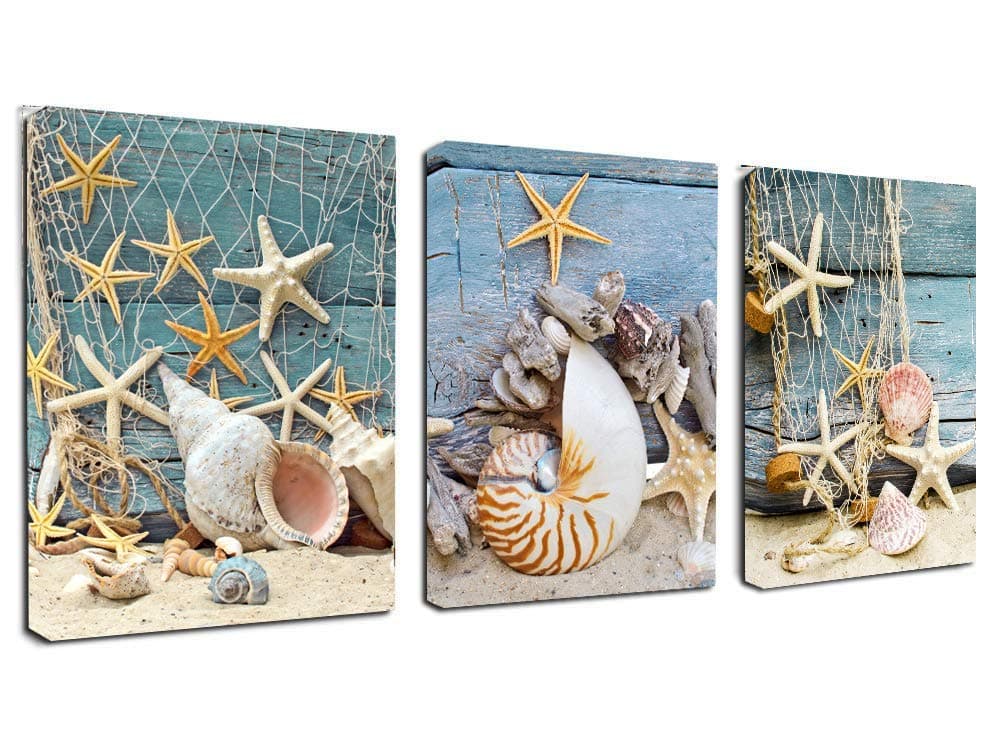 Canvas Wall Art Starfish Seashell Beach Sands Prints- 3 Panels Contemporary Pictures Canvas Painting Modern Artwork Framed for Home Decoration Ready to Hang