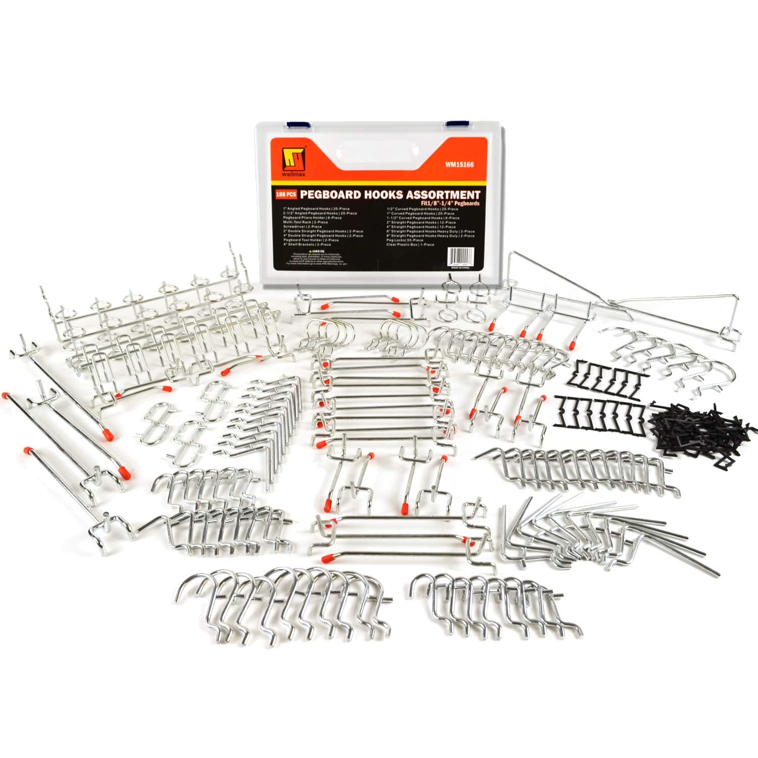 Wellmax188pc Pegboard Hooks Accessories Assortment, Heavy Duty Peg Board Hook Set, Perfect for Tools, Crafts, peg Boards and pegs attachments. Fits 1/4 and 1/8 inch Peg Holes