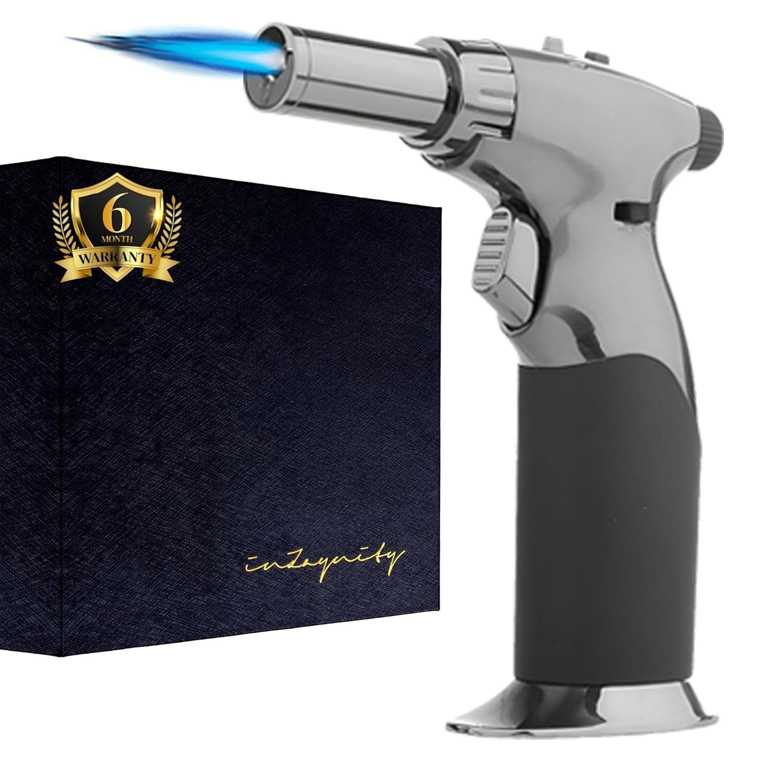 Dual Flame Butane Torch Gun - Refillable Luxury Hand Held Mini Blow Torch for Cooking, Creme Brulee, Soldering, Welding, & Resin Art - Adjustable Flame with Ignition Lock - Steel Black by inZaynity