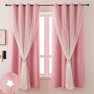 Pink Blackout Curtains for Girls Bedroom Cute- Aesthetic Star Cutout Double Layer with Sheer Overlay, 84 Inches Long, 1 Panel Baby Nursery Curtains Kids Room Decor Drapes