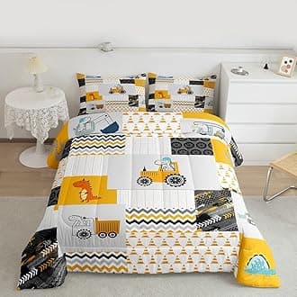 Feelyou Construction Comforter Set Queen Size Kids Cartoon Car Excavator Tractor Toddler Comforter Equipment Trucks Plaid Grid Yellow Comforter Set Construction Vehicles Duvet Set Quilt Set