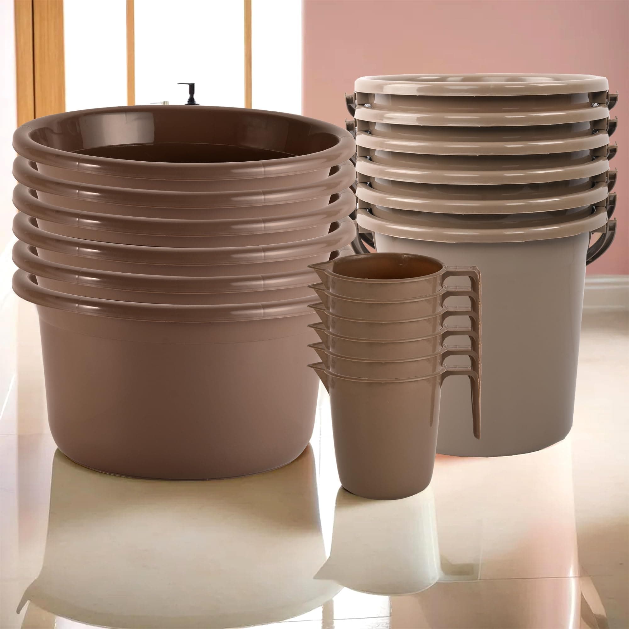 Kuber Industries Set of 18 Bathroom Combo Set | Bathware Combo Set | Bathing Set | 6 Piece Tub-6 Piece Bucket & 6 Piece Mug Combo Set for Bathroom | Bathroom Accessories Set | Brown