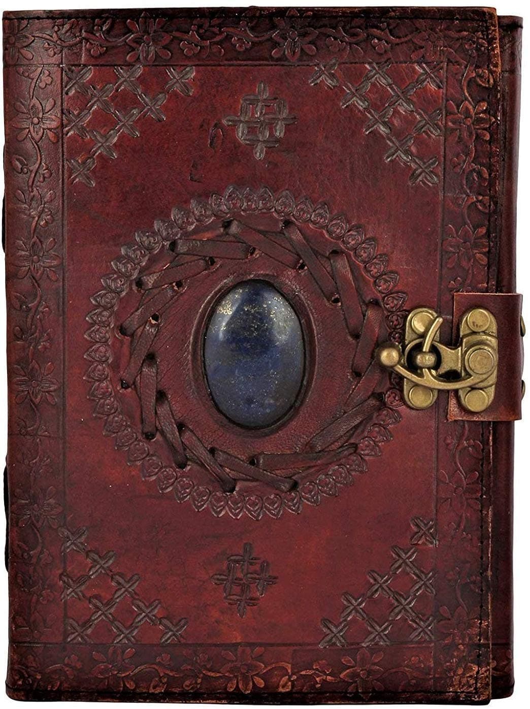 OVERDOSE LJ Brown Leather Journal with Stone with Lock Handmade Journal Student Office Leather Bound Journal for Men Women Sketchbook Notebook Journal 6x8 Inch A5