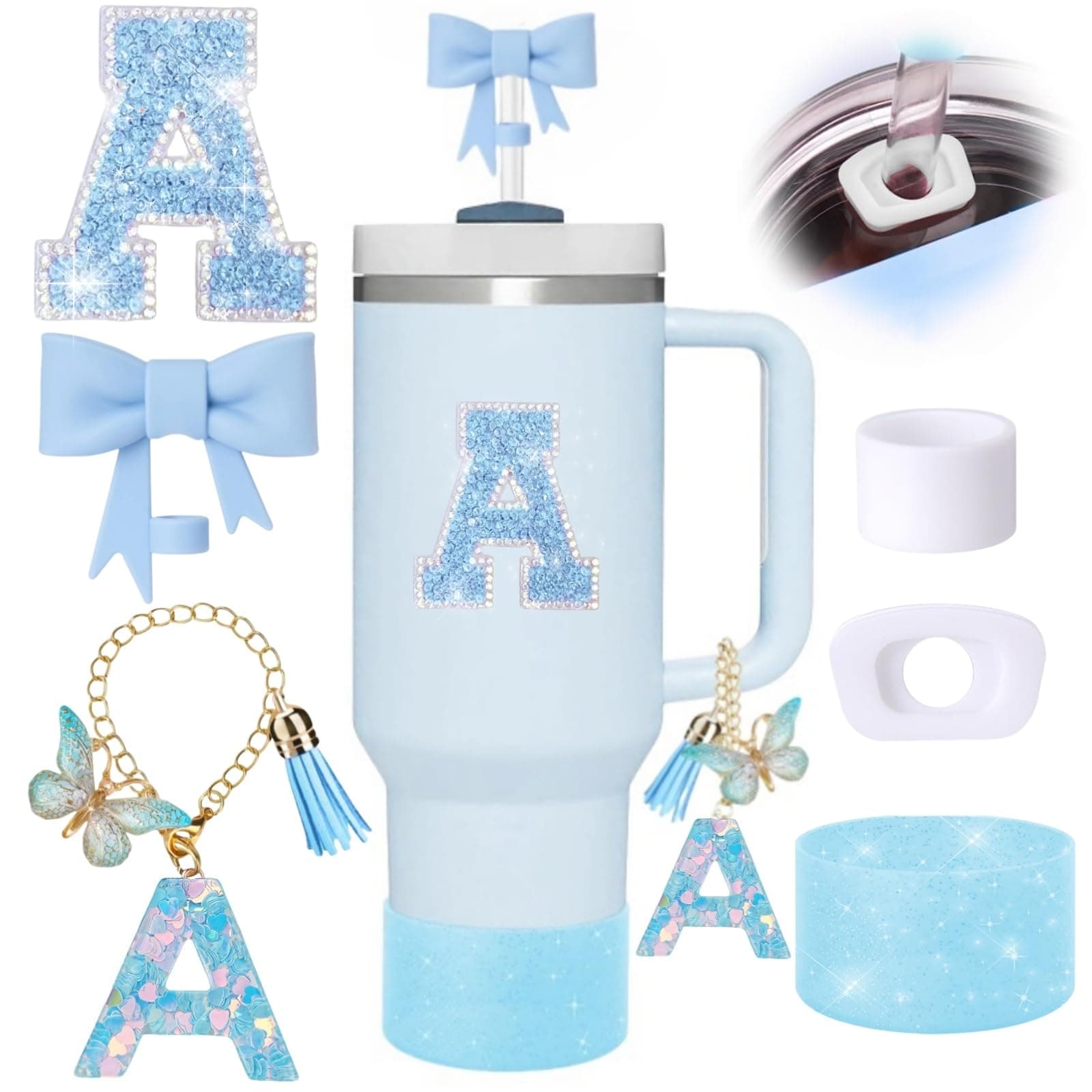 6pcs Blue Stanley Cup Accessories Set, Bow Straw Topper for Stanley Cup 30oz 40oz, Including Straw Topper and Sparkly Silicone Boot, Stoppers Spill Proof, Handle Charm, Initials Sticker