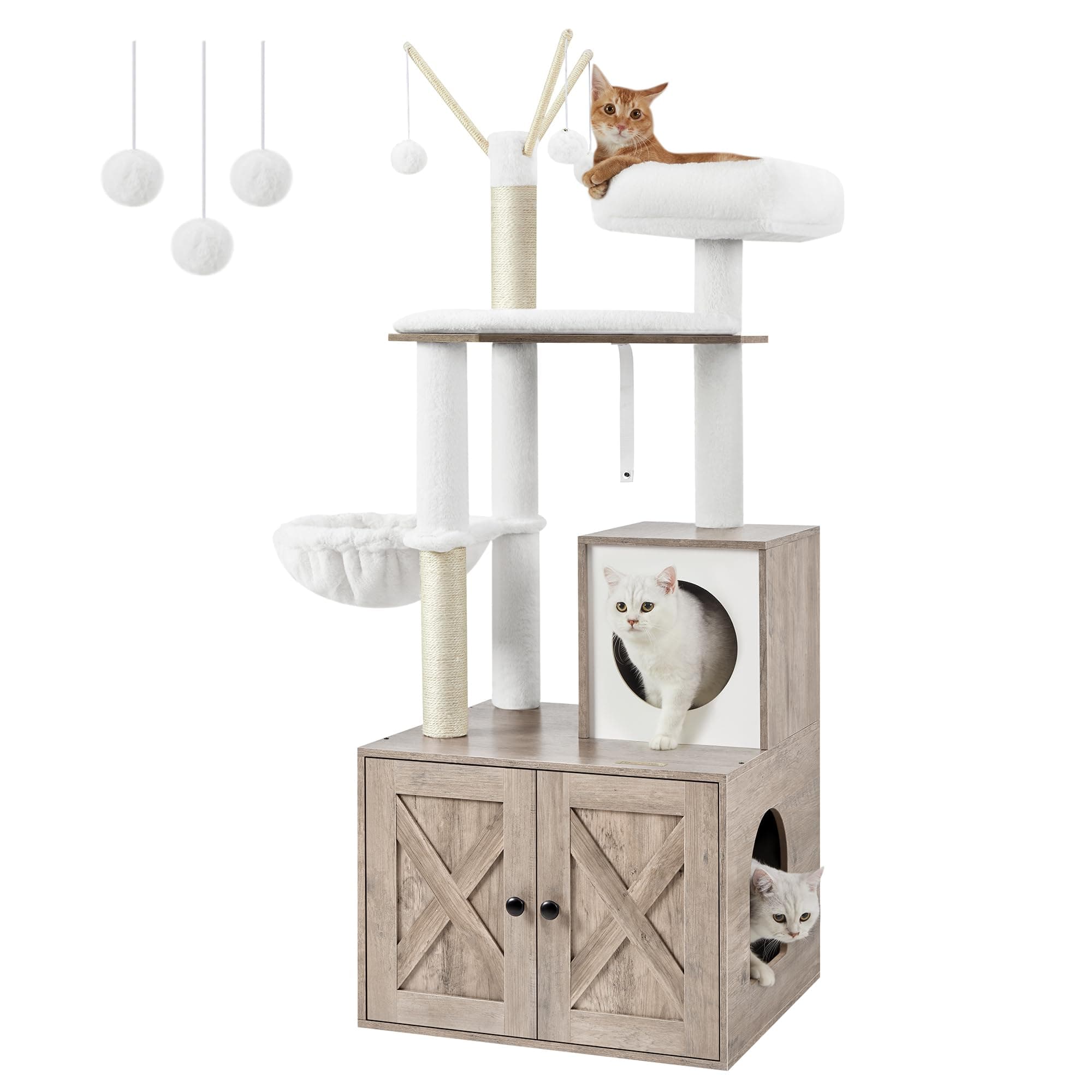 2-in-1 Modern Cat Tower, Cat Condo with Scratching Posts, Removable Pompom Sticks, Washable Cushions, Greige PCT113G01