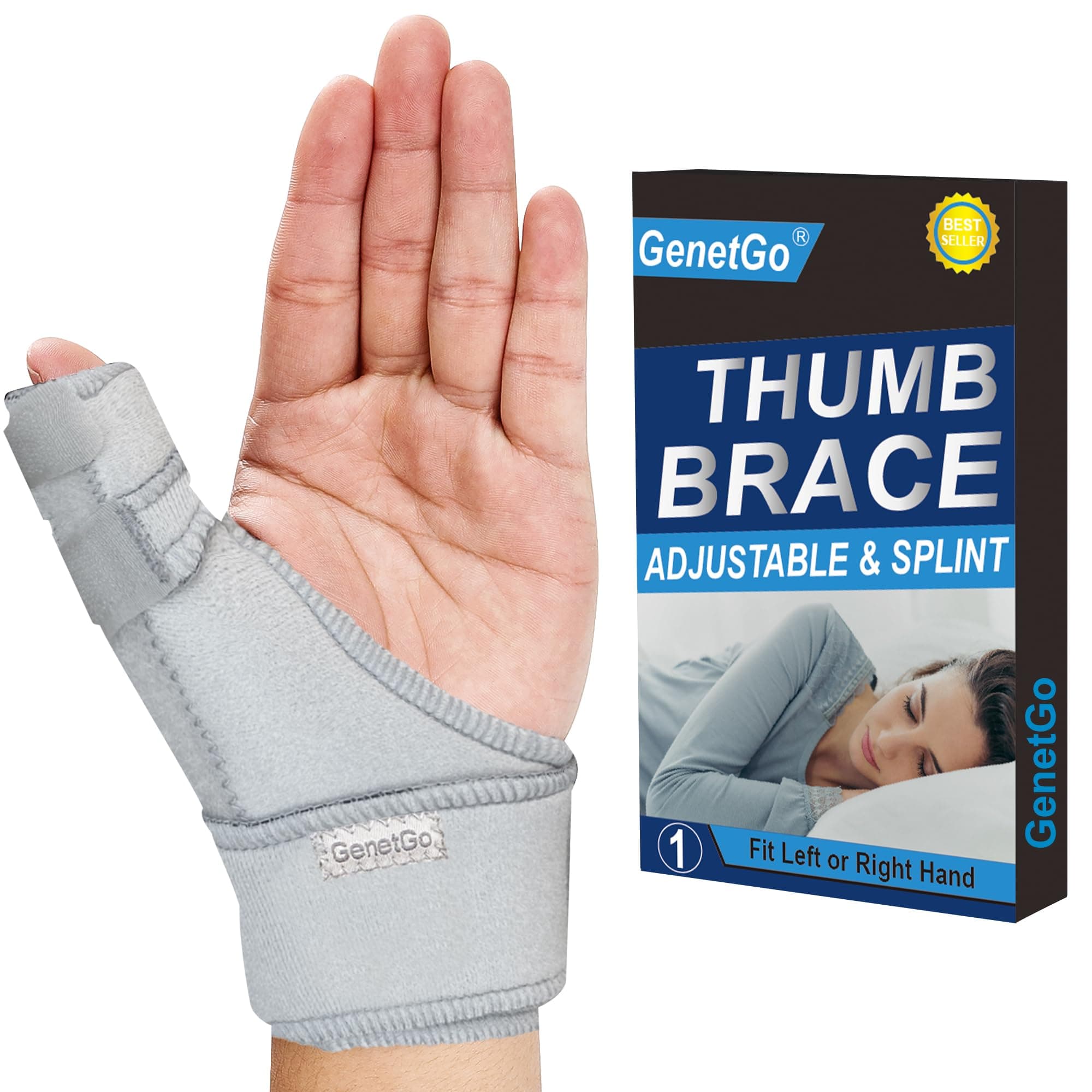 GenetGo Trigger Thumb Splint - Thumb Spica Support Brace Stabilizer for Pain, Sprains, Arthritis, Tendonitis (Right Hand or Left Hand) (Grey)
