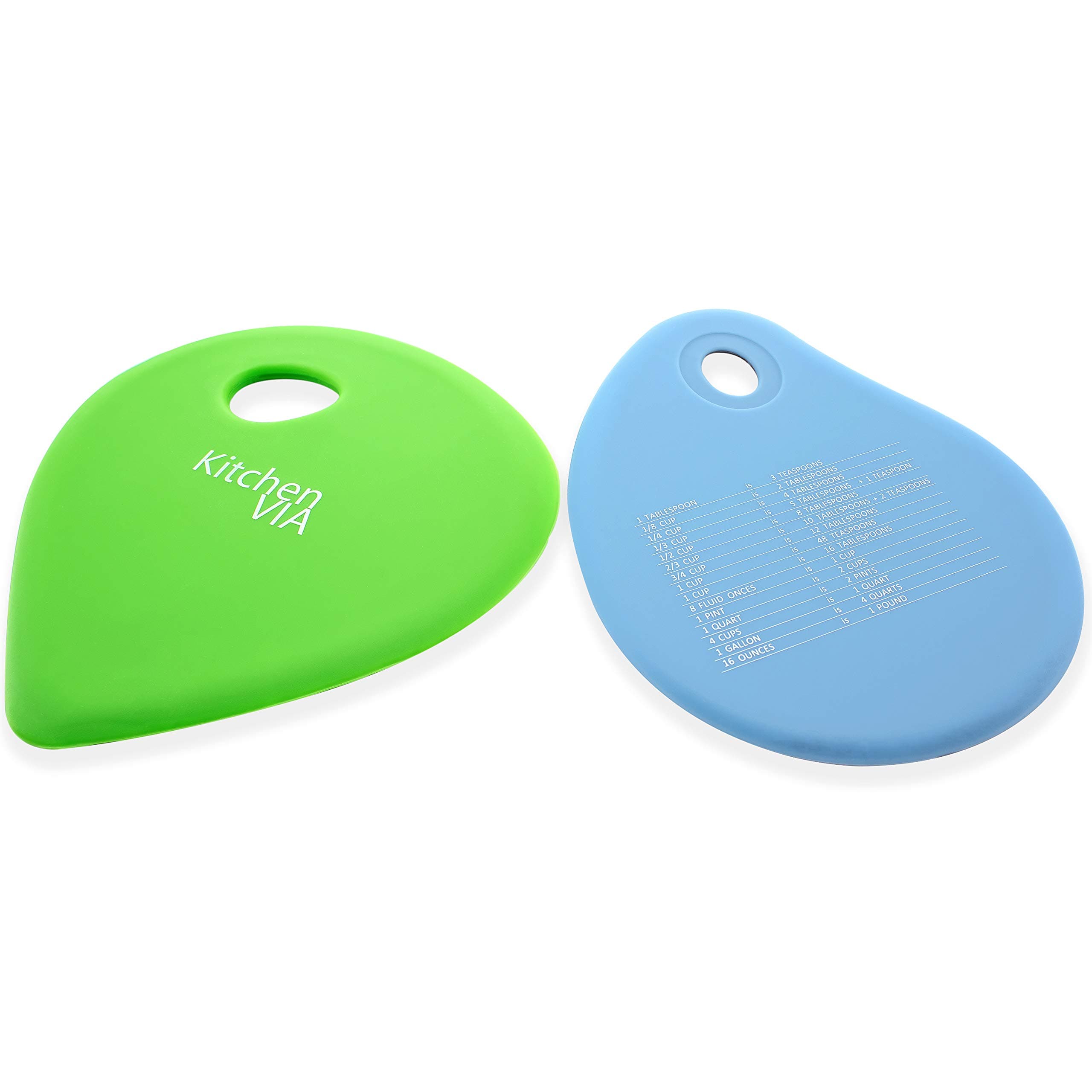 KitchenVIA 2 Pc Silicone Bench Scraper Set w/Tablespoon Measurements | Scrape Bowls, Pans, Dishes | Decorate Cake Frosting, Pastry Dough Cutter | Mini, Non-Stick Spatula Utensil (Green+Blue)
