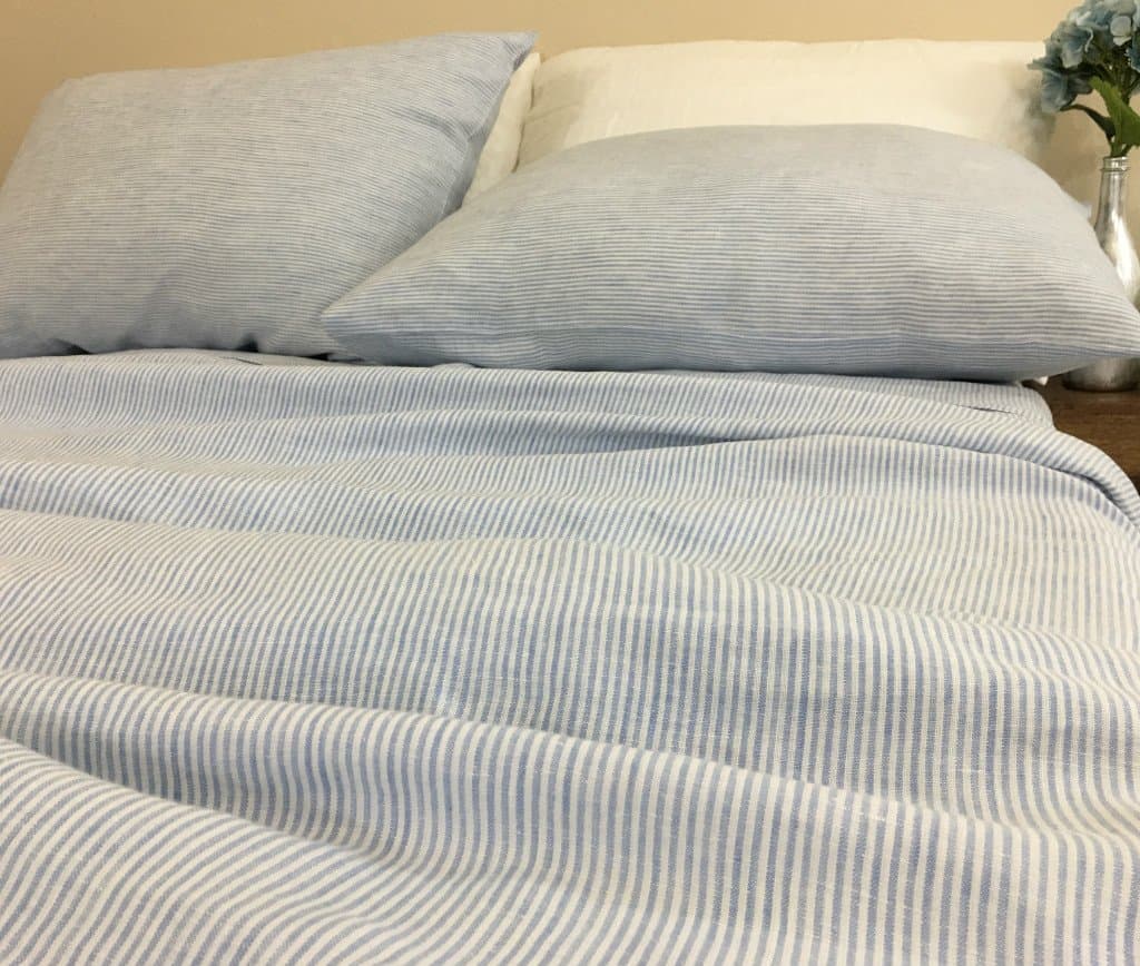 Blue and White Ticking Striped Bed Sheets Set, crafted from butter soft prewashed linens!