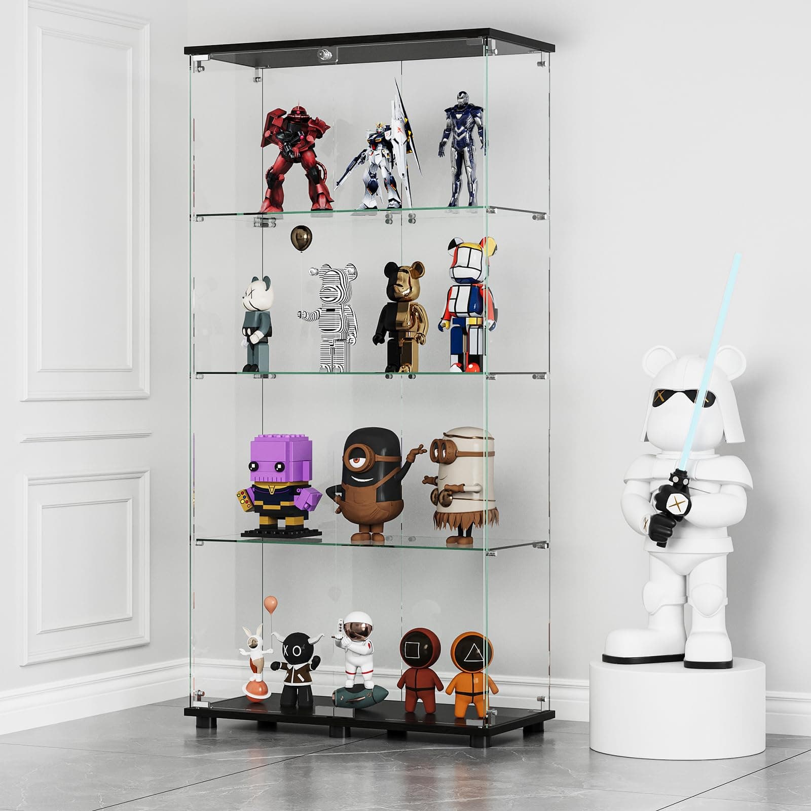 Glass Display Cabinet with 4-Shelf Double Doors and Lock, Curio Cabinet 5mm Tempered Glass Floor Standing Bookshelf for Living Room, Bedroom, Office, 64 x 31.7 x 14.3 in, Black