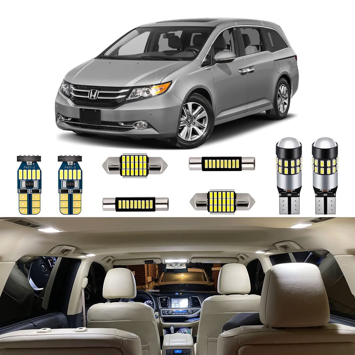 White LED Interior Lights Kit for Honda Odyssey 2011 2012 2013 2014 2015 2016 2017 Super Bright 6000K Interior LED Light Bulb Package + Install Tool